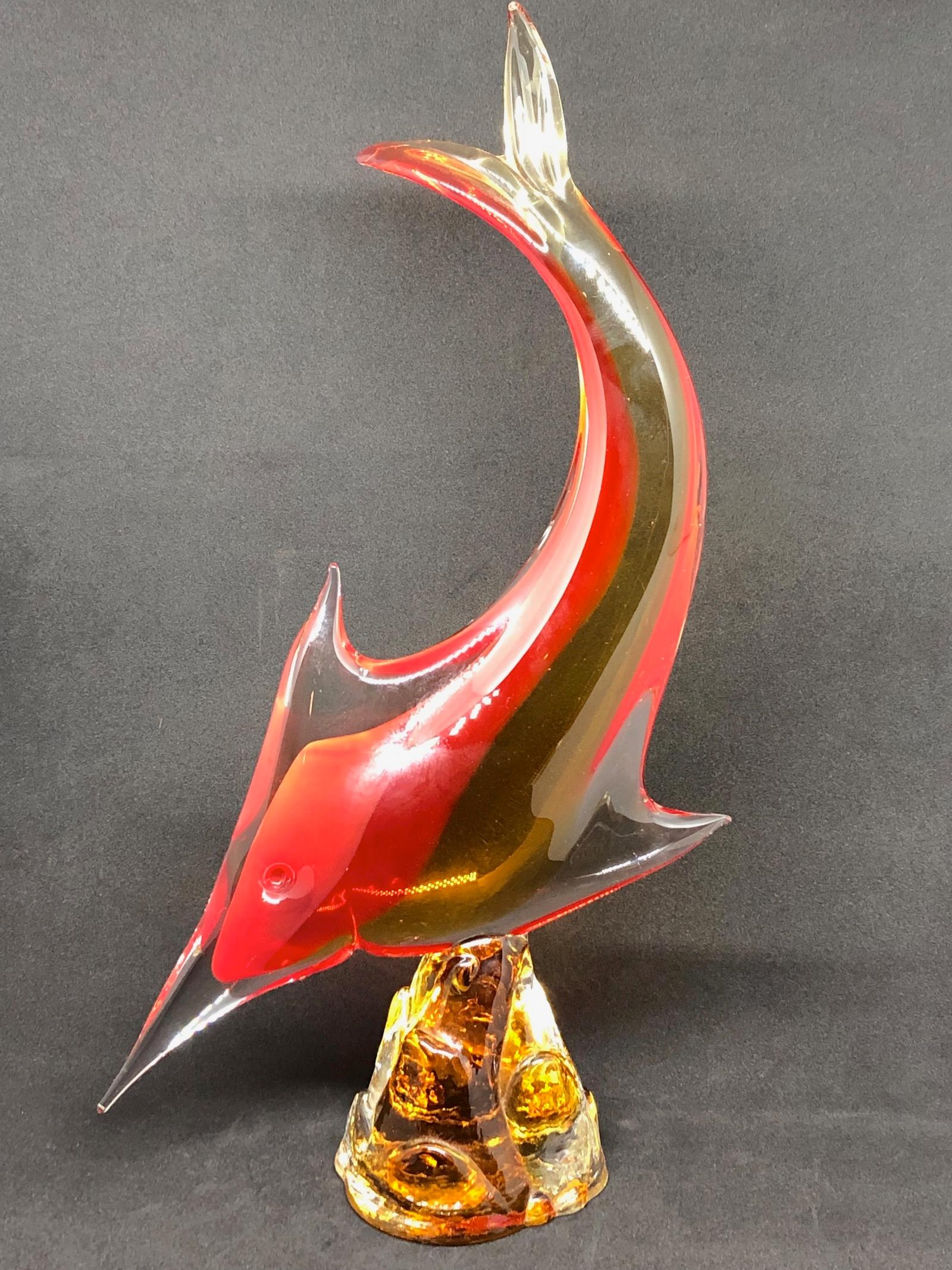 Mid-Century Modern Murano Italian Art Glass Sword Fish Sculpture Statue, Italy Vintage For Sale