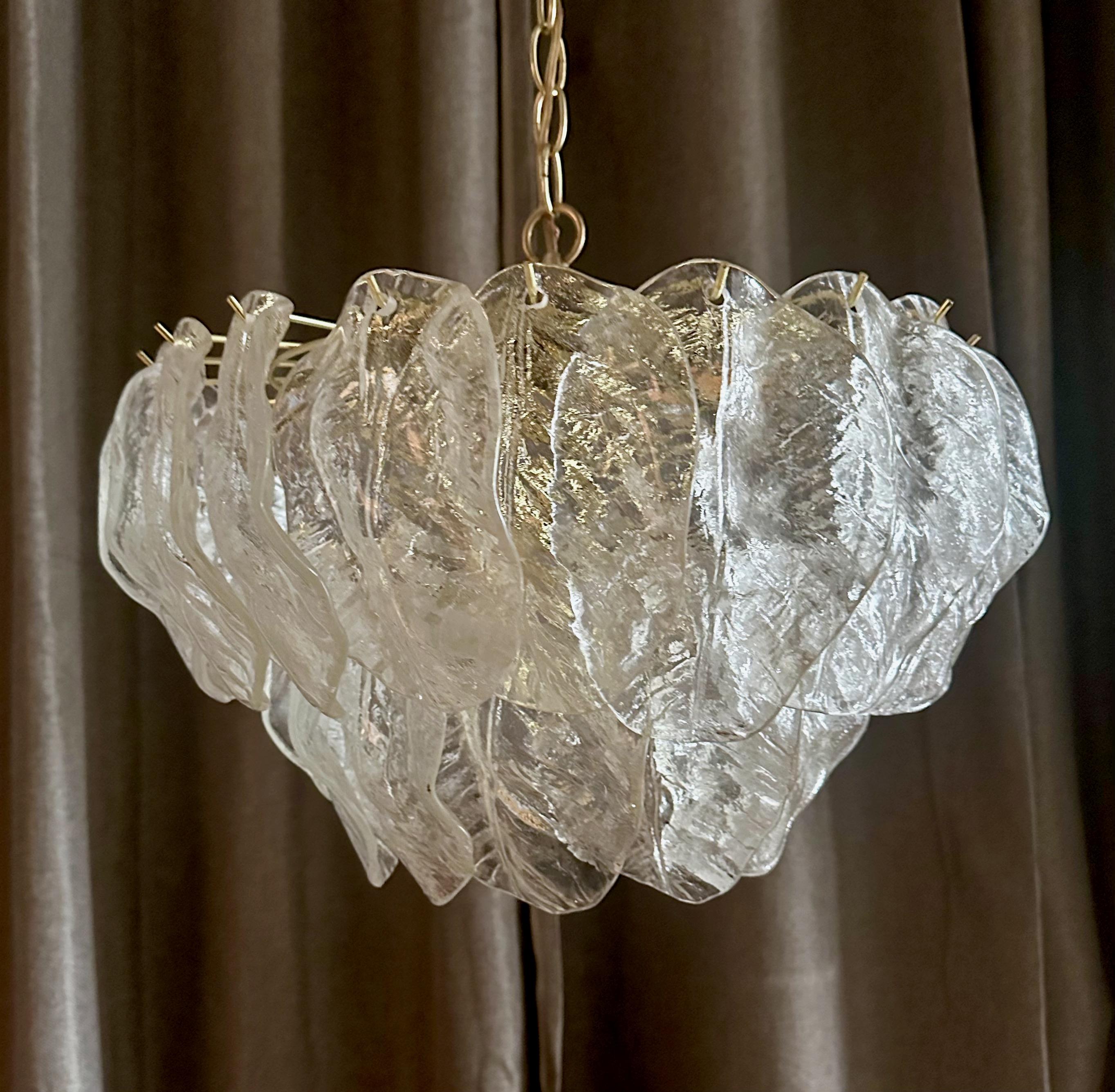 Murano chandelier 6 light (candelabra size bulbs) with clear textured glass leaves suspended on brass plated steel frame. 
Size of fixture 19