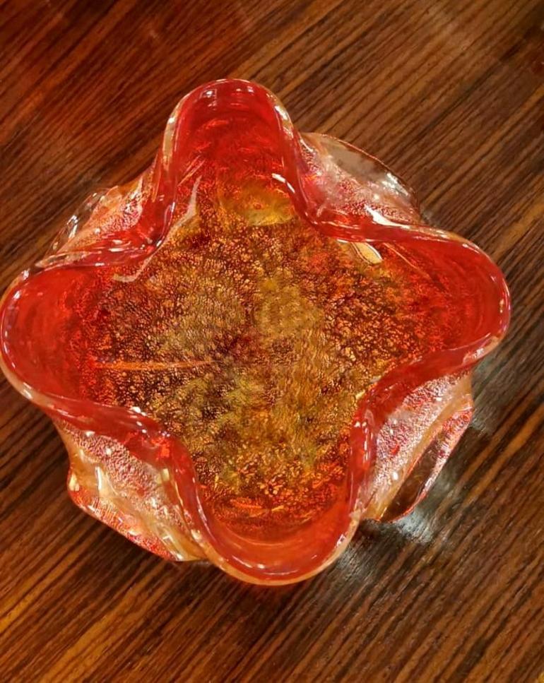 Murano Italian Glass Ashtray or Bowl Red and Gold Color 3