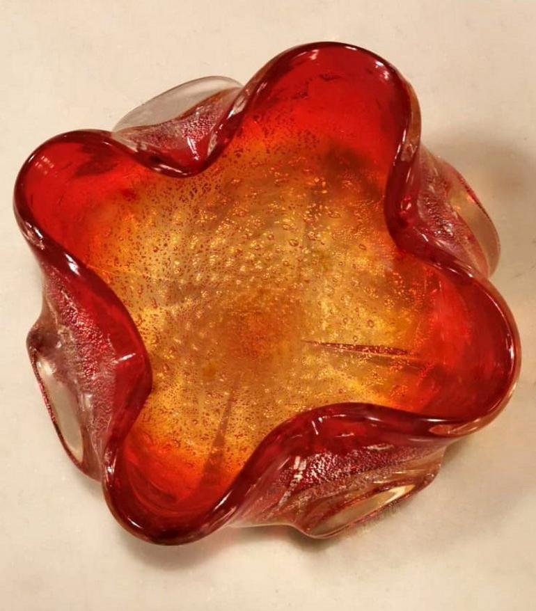 20th Century Murano Italian Glass Ashtray or Bowl Red and Gold Color