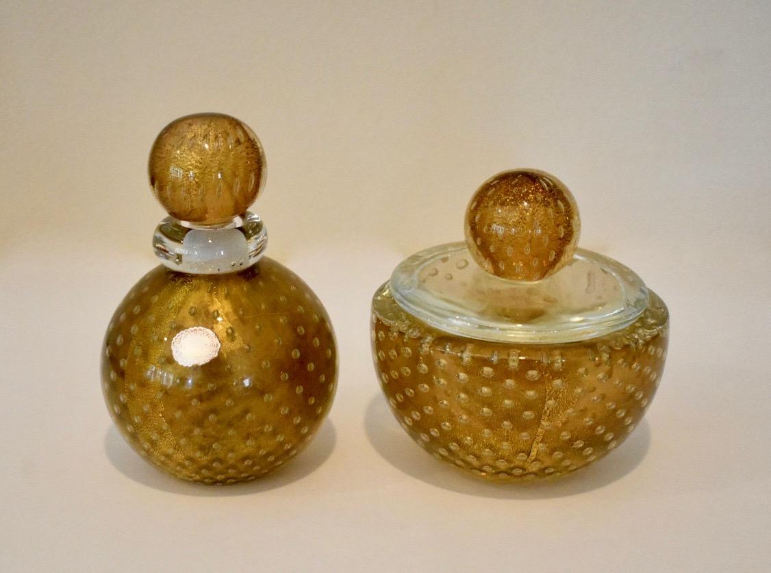Murano Italian Glass Vanity Lidded Jar and Stoppered Vase Set by Seguso In Good Condition For Sale In Dallas, TX