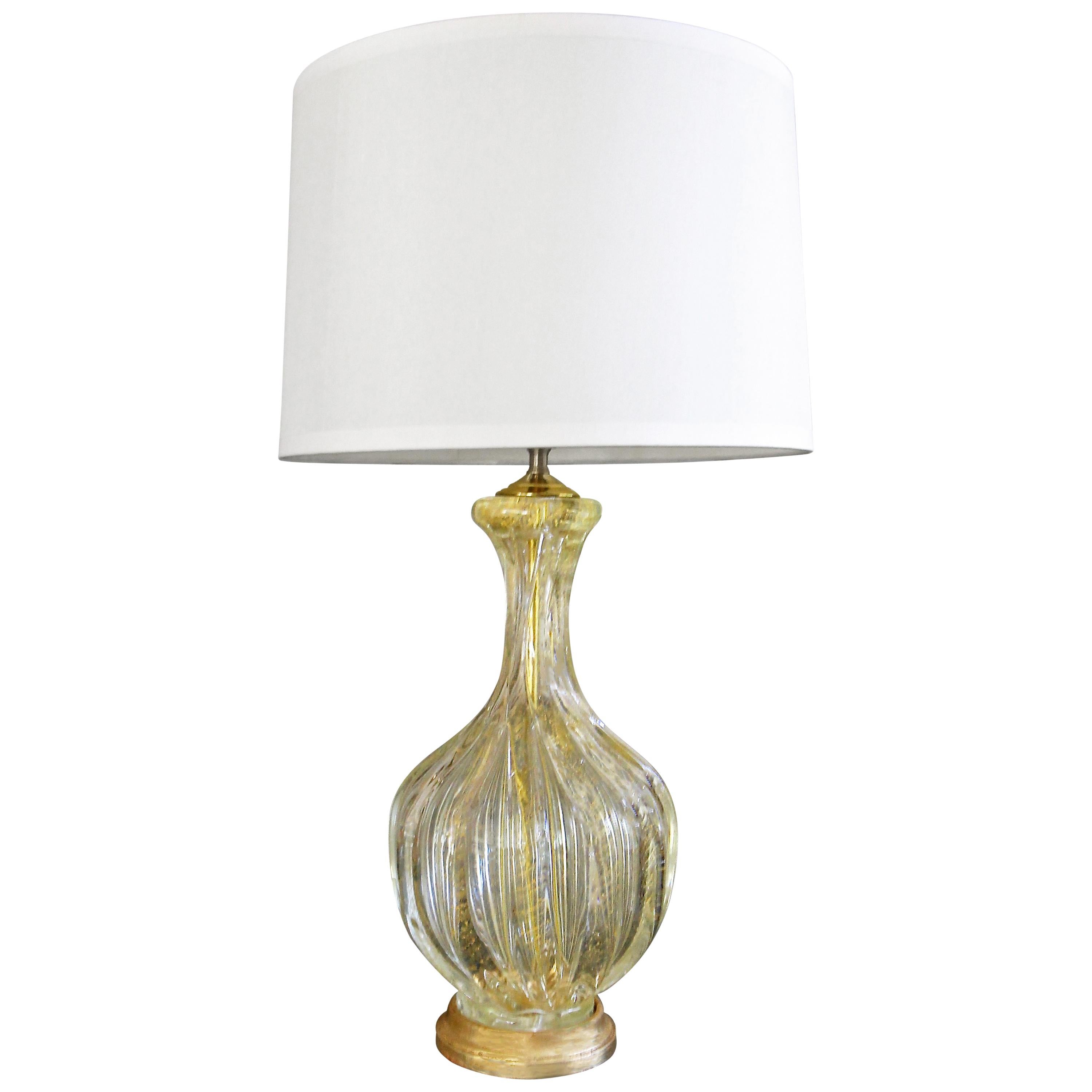 Murano Italian Gold and Clear Controlled Bubbles Ribbed Glass Table Lamp For Sale