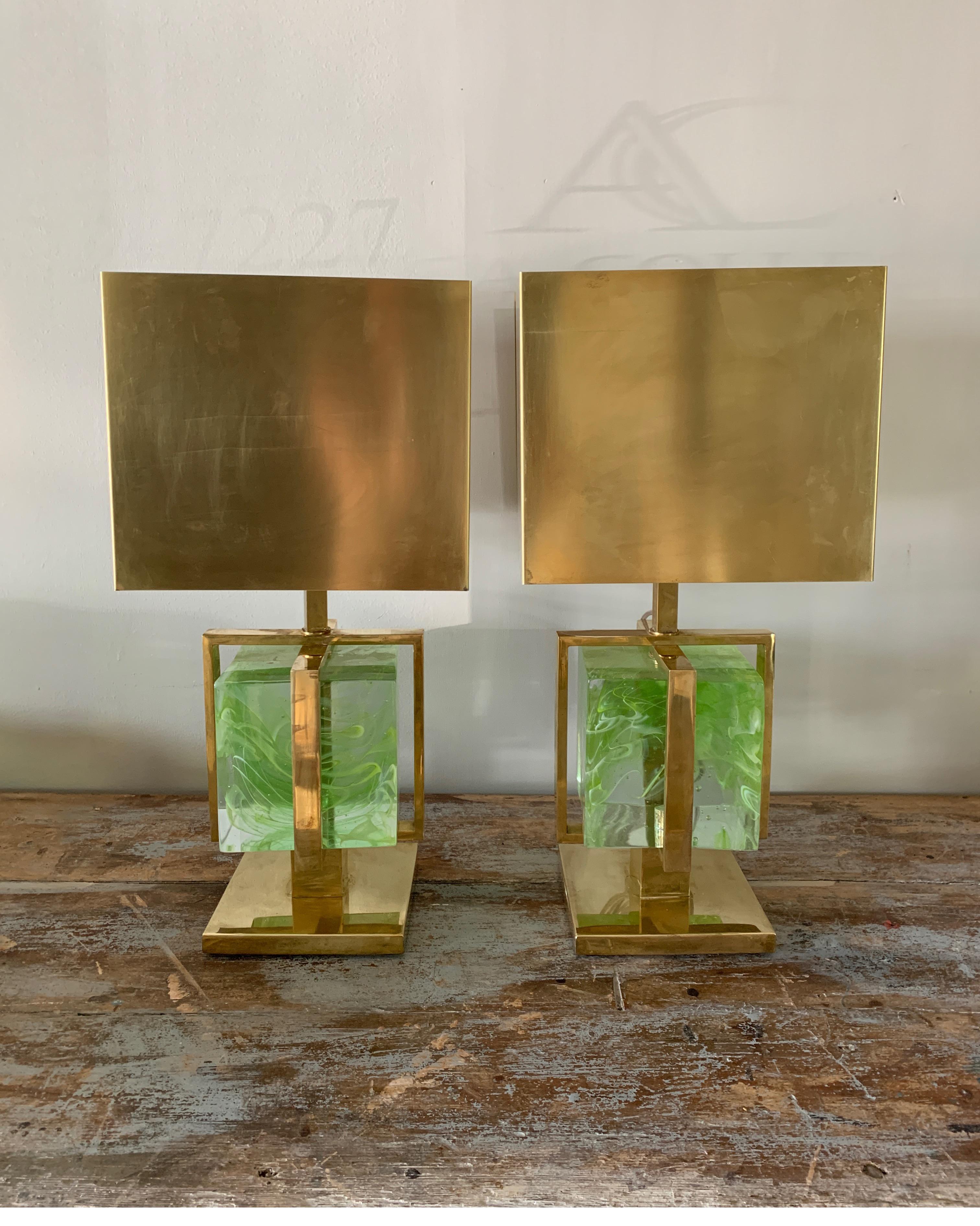 Murano Italian Green Apple Glass Block Brass Lamps 3