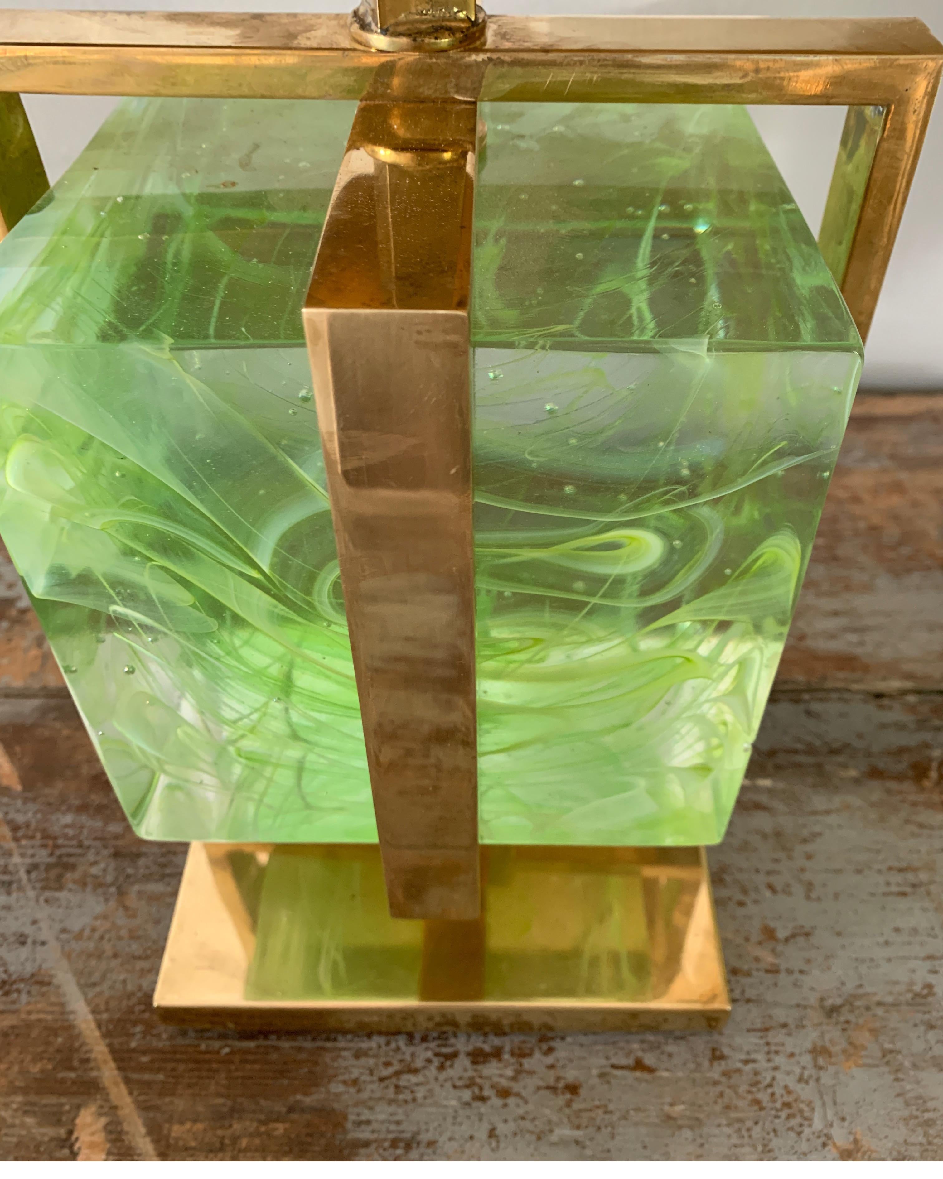 Murano Italian Green Apple Glass Block Brass Lamps 4