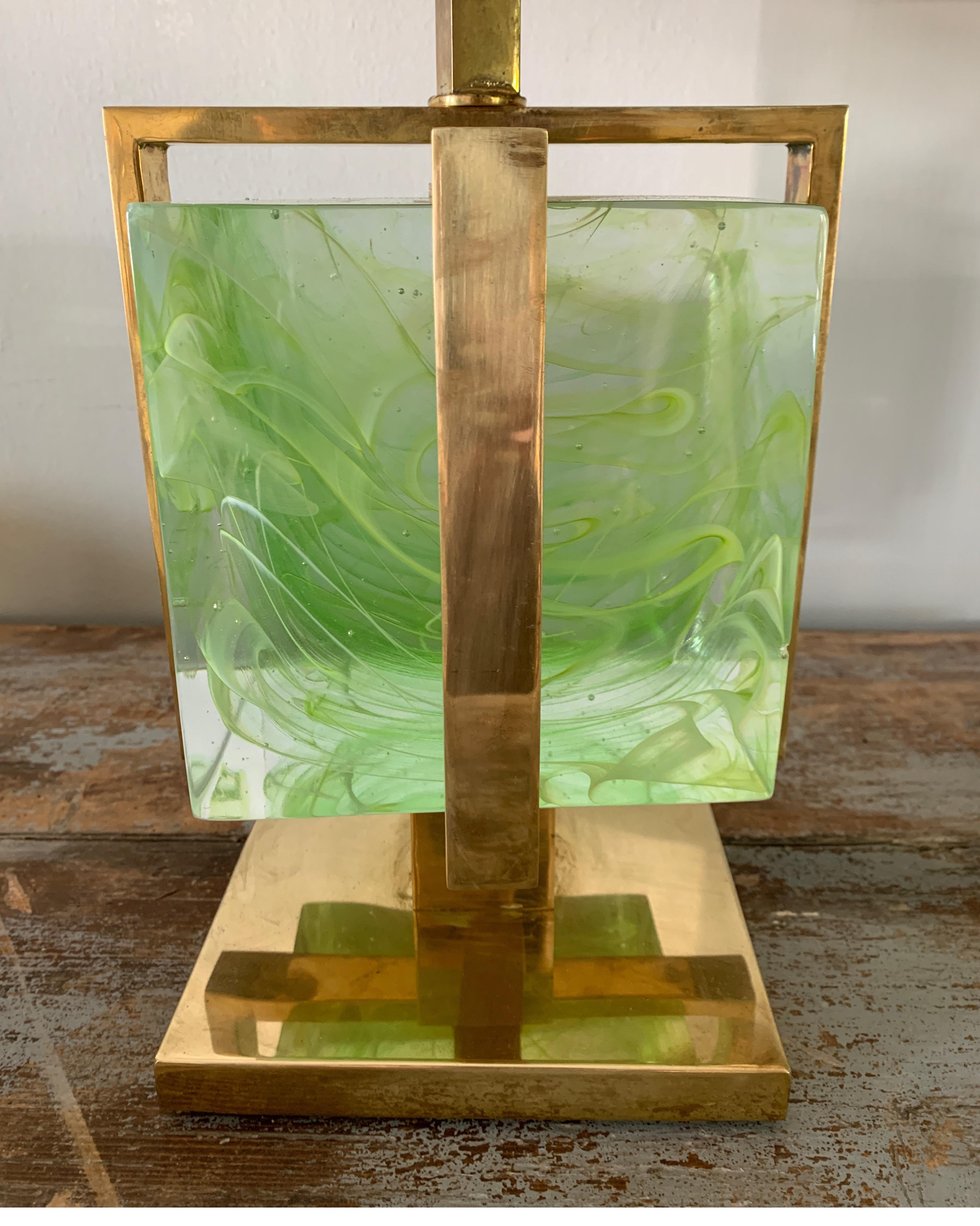 These heavy Italian glass bock lamps are super modern and the green apple color with white on brass lamps are everything. The lamp shades are for display only. With the shade it measures 27.5 t without 17.5 tall.