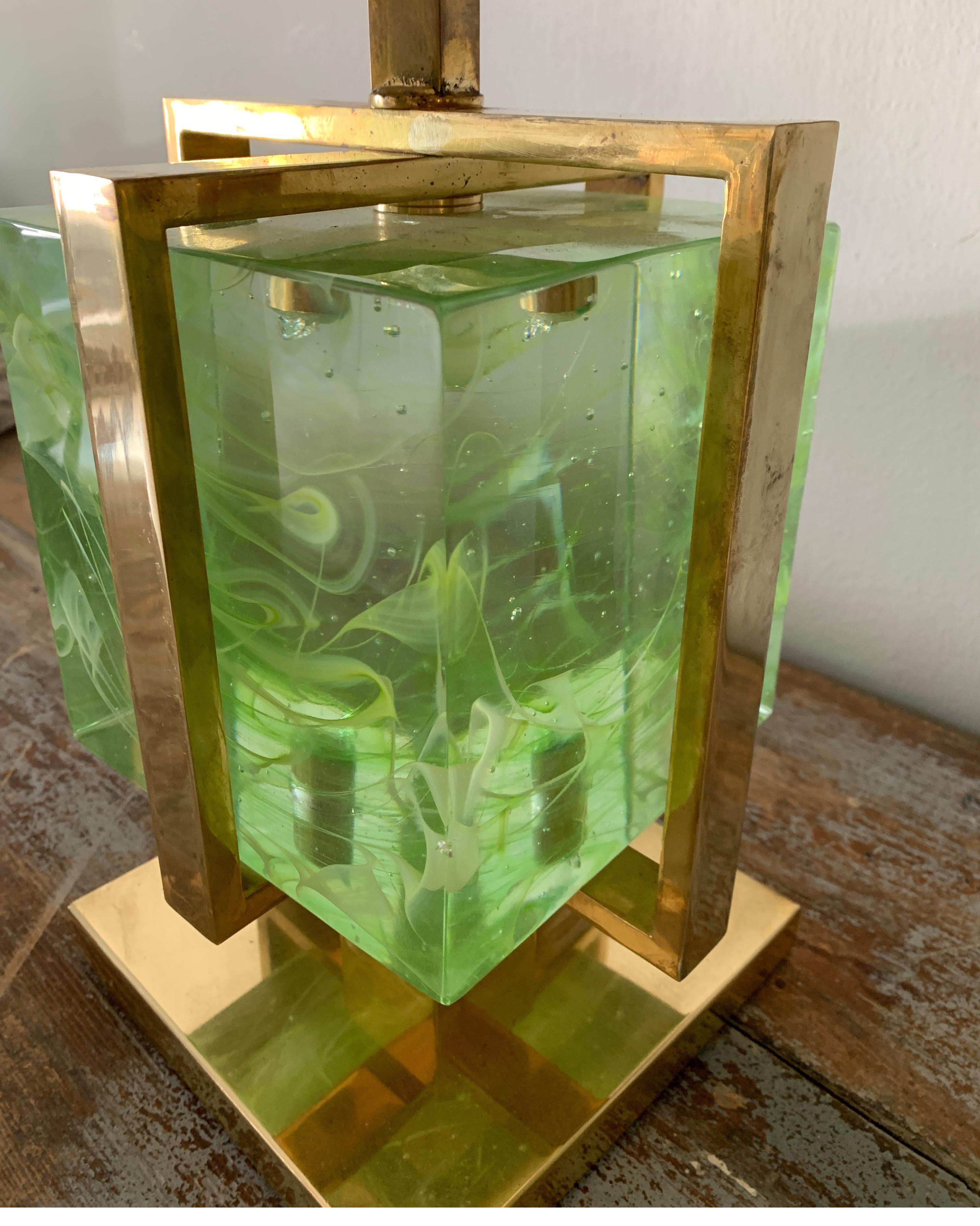Murano Italian Green Apple Glass Block Brass Lamps In Good Condition In Houston, TX