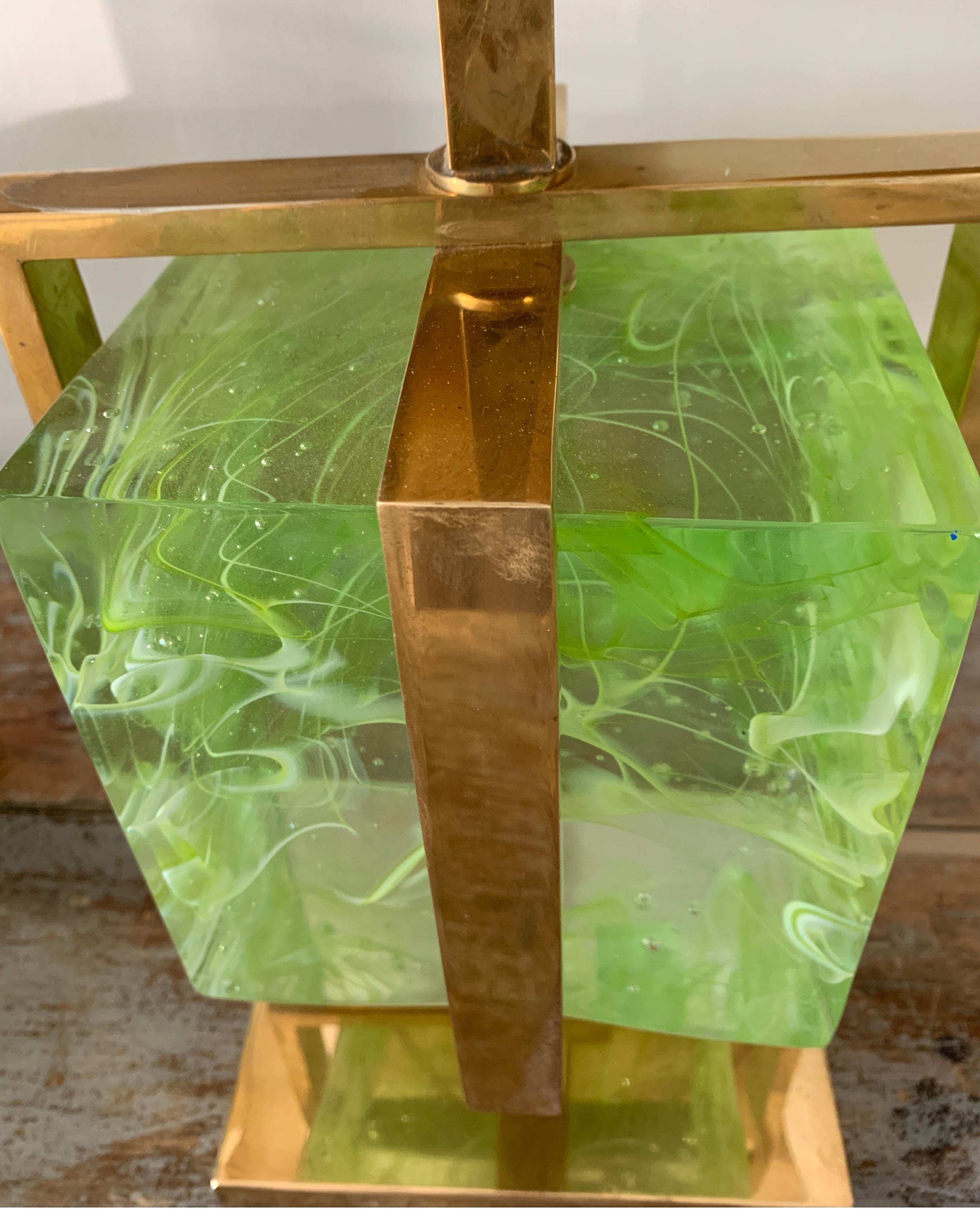 Contemporary Murano Italian Green Apple Glass Block Brass Lamps