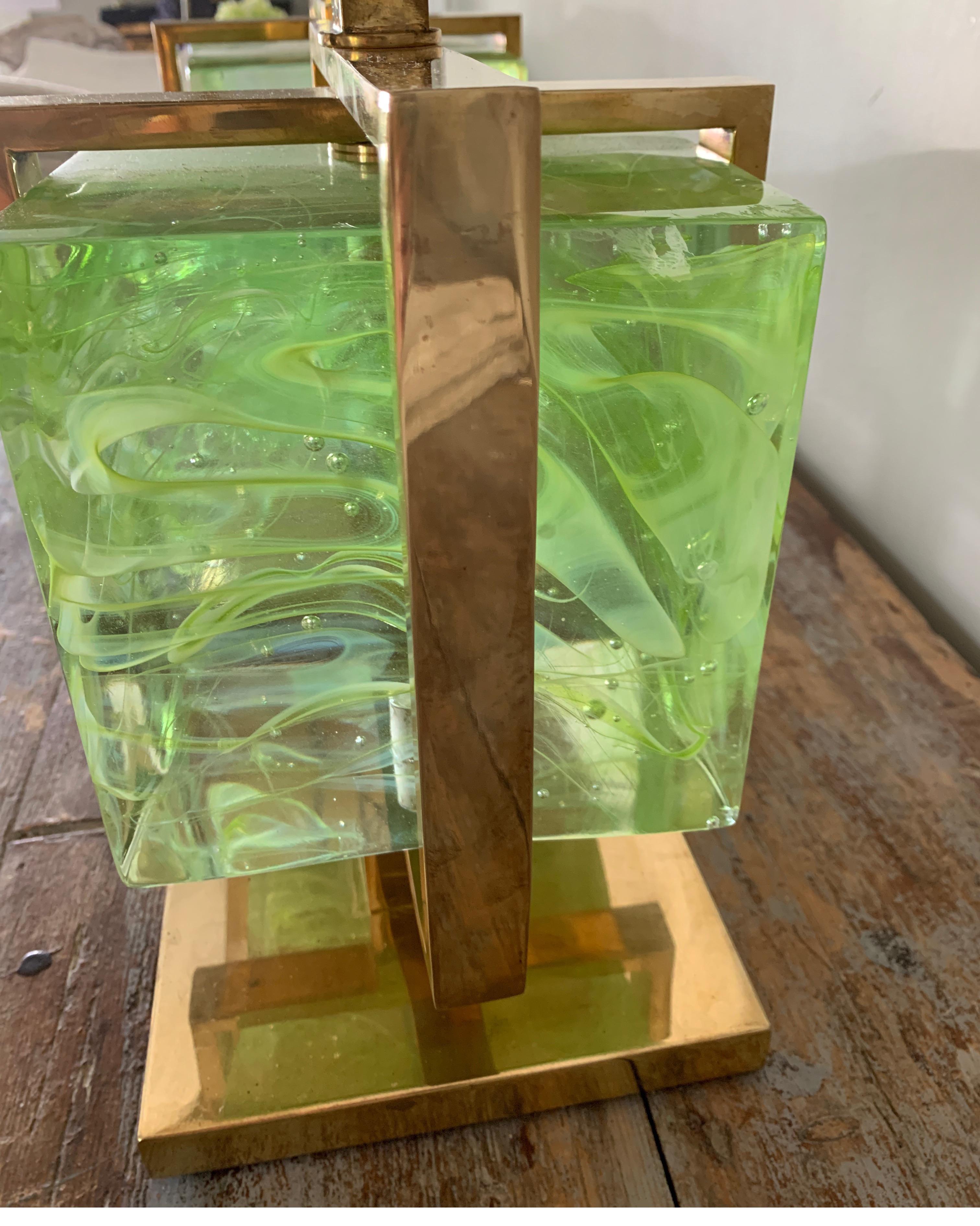 Murano Glass Murano Italian Green Apple Glass Block Brass Lamps