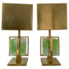Murano Italian Green Apple Glass Block Brass Lamps