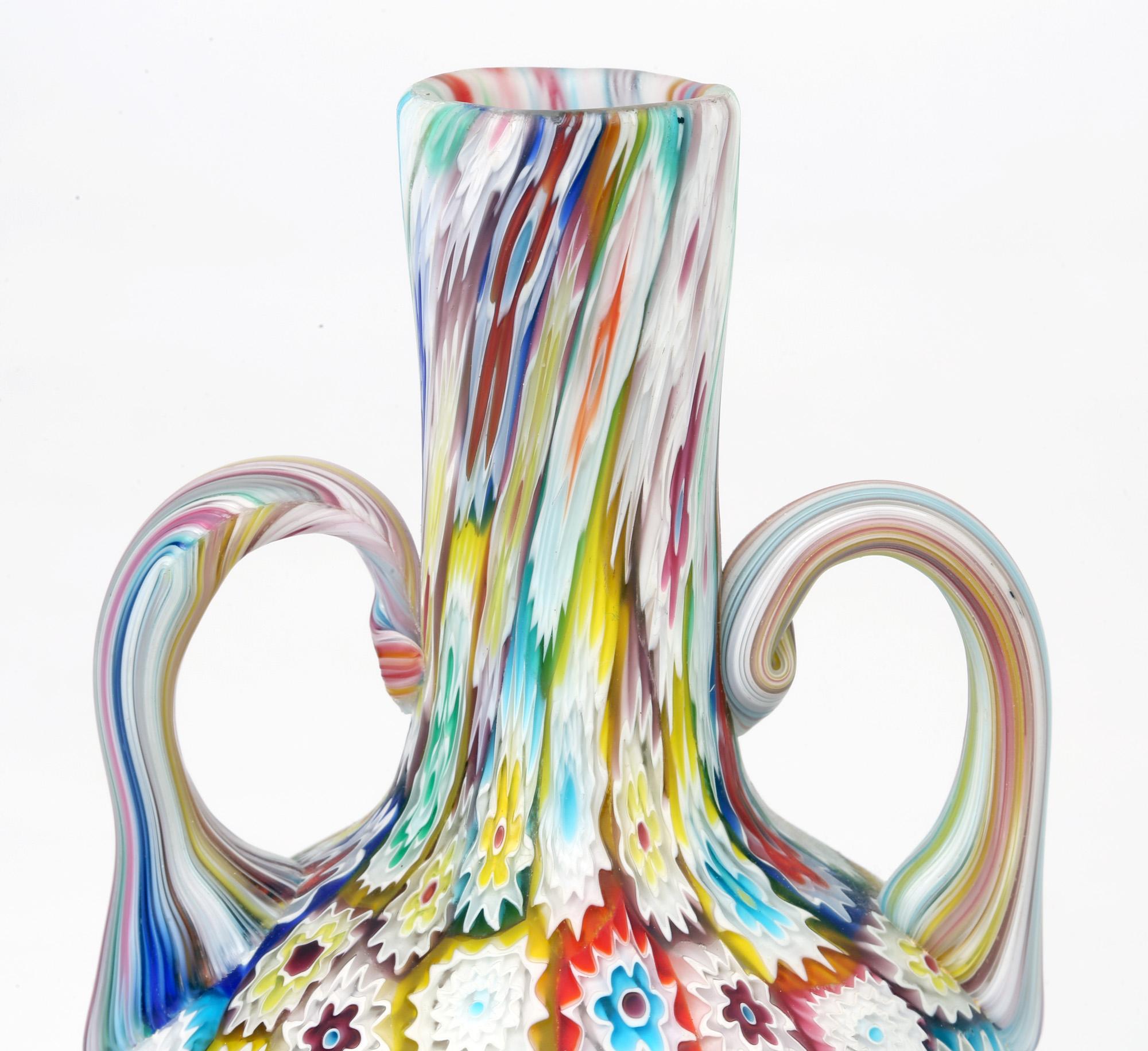 Blown Glass Murano Italian Hand Blown Twin Handled Bottle Shaped Millefiori Art Glass Vase For Sale