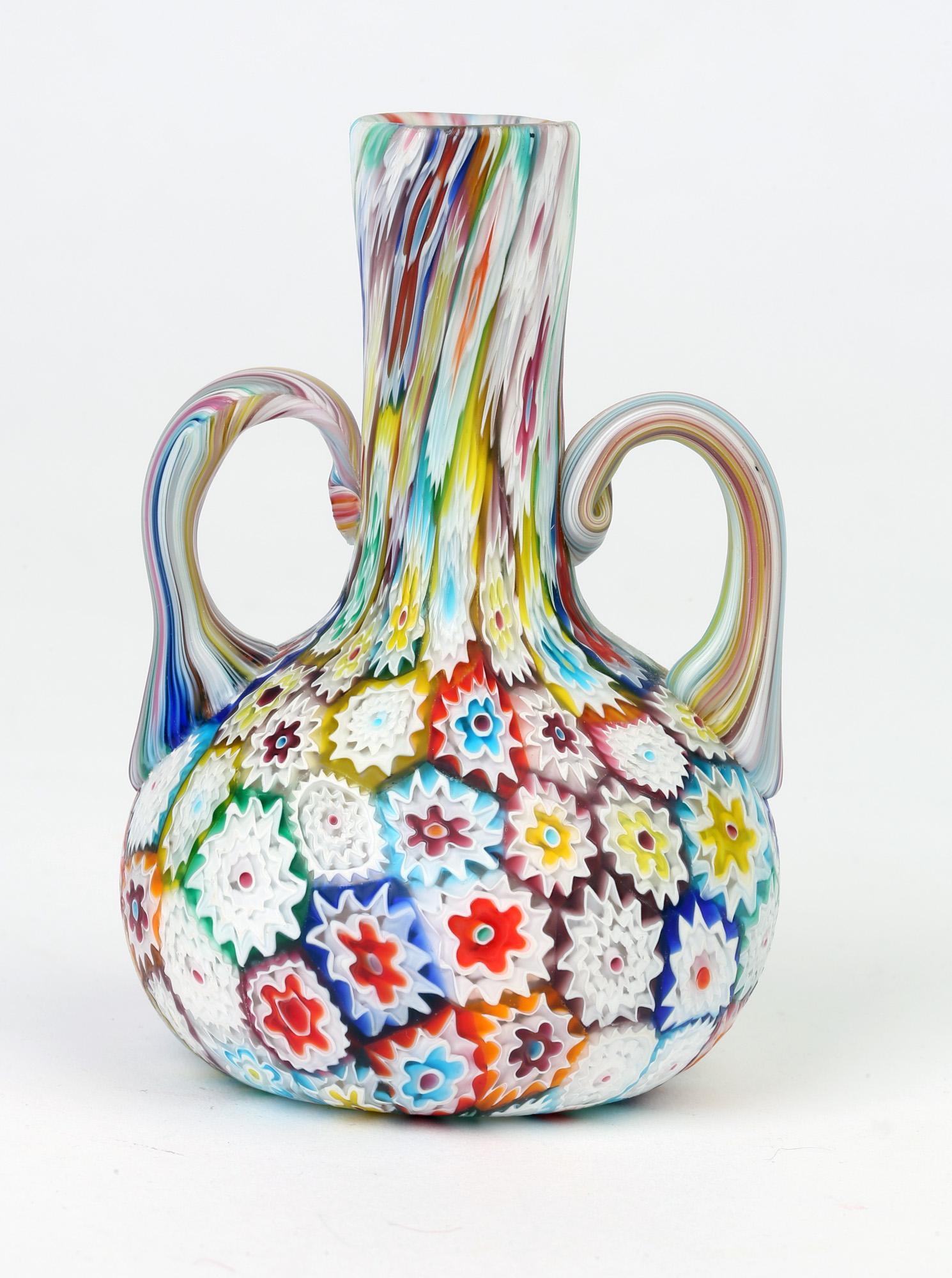 Murano Italian Hand Blown Twin Handled Bottle Shaped Millefiori Art Glass Vase For Sale 1