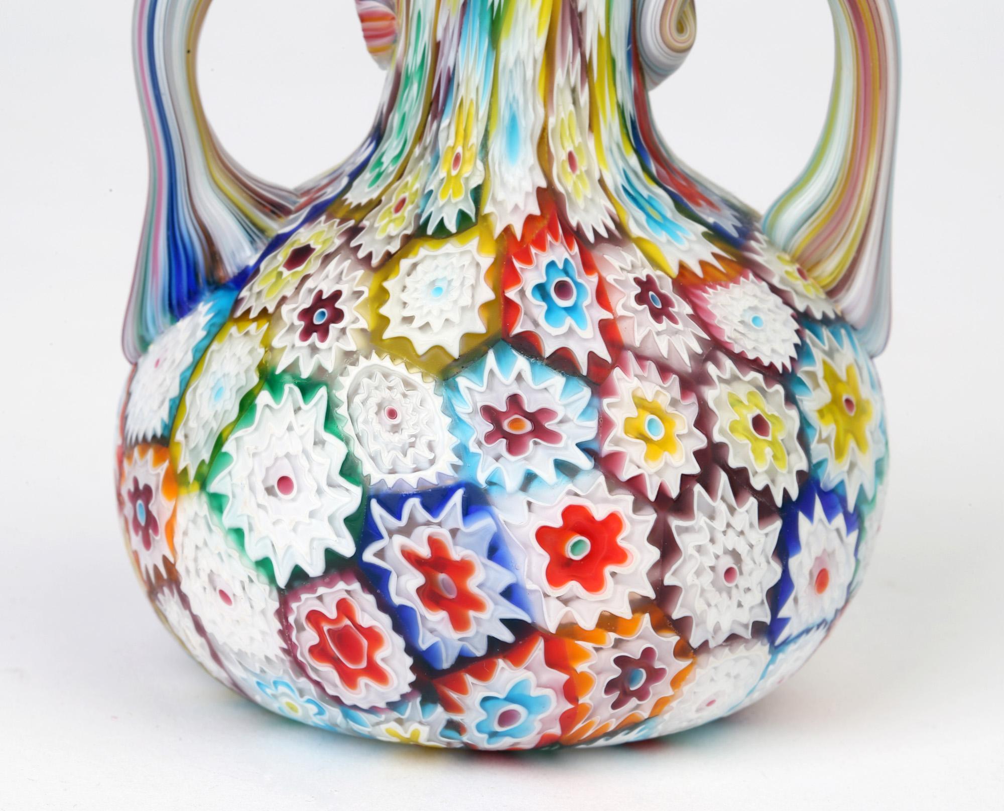 Murano Italian Hand Blown Twin Handled Bottle Shaped Millefiori Art Glass Vase For Sale 2