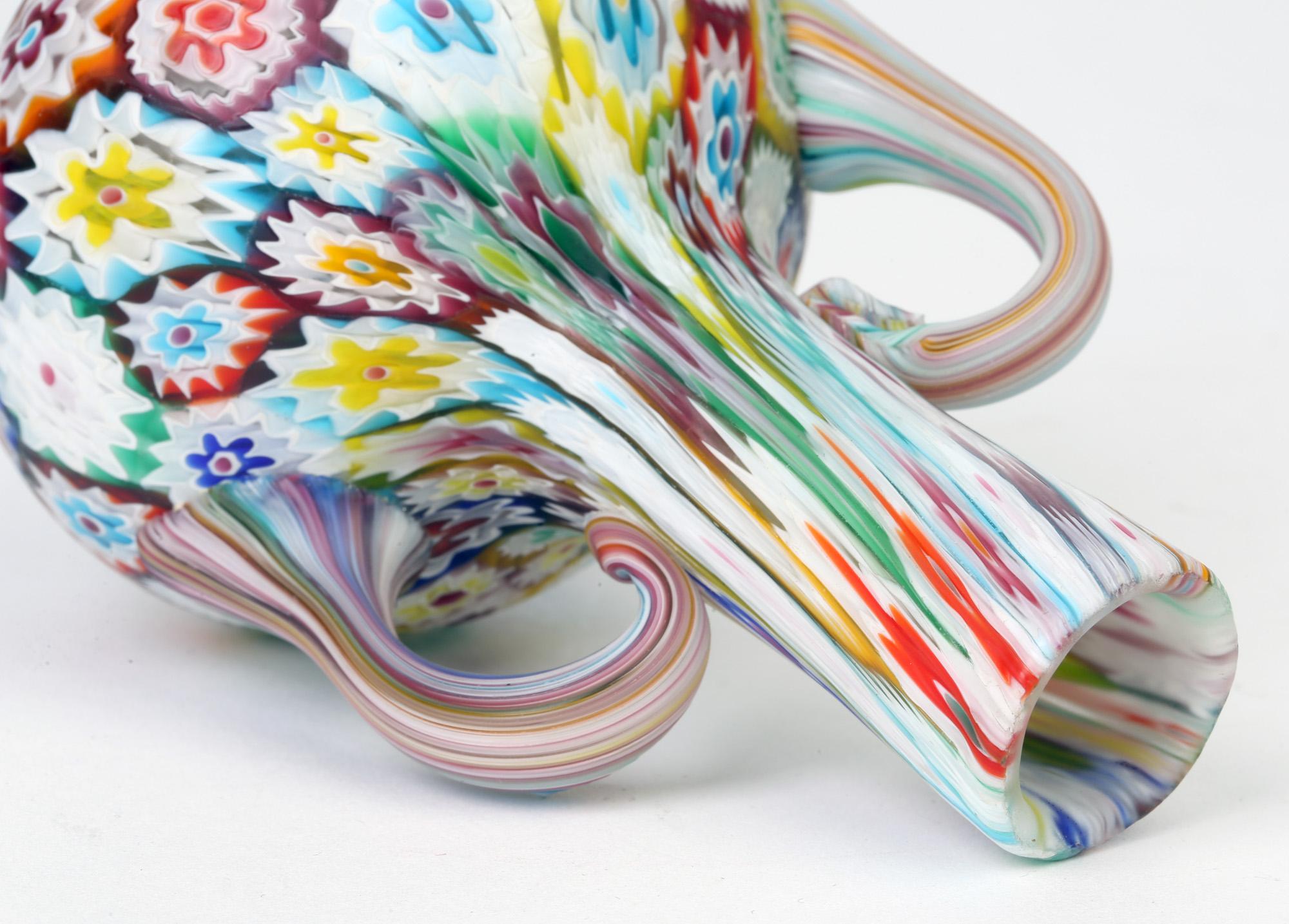 Murano Italian Hand Blown Twin Handled Bottle Shaped Millefiori Art Glass Vase For Sale 3