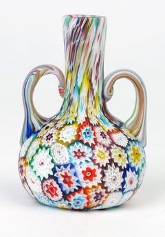 Italienische mundgeblasene Doppelgriff-Flasche, Murano, Millefiori-Form, Kunstglas Vase