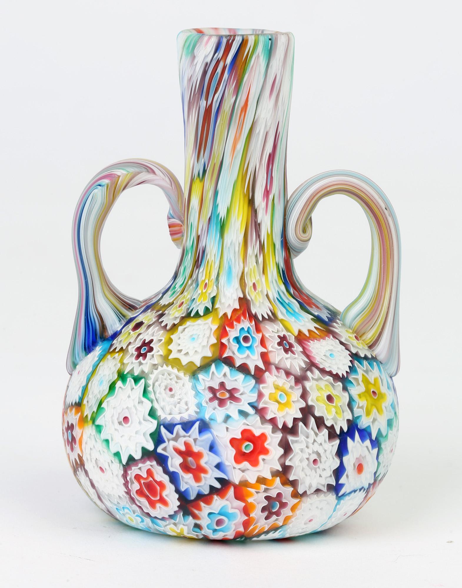 Art Deco Murano Italian Hand Blown Twin Handled Bottle Shaped Millefiori Art Glass Vase For Sale