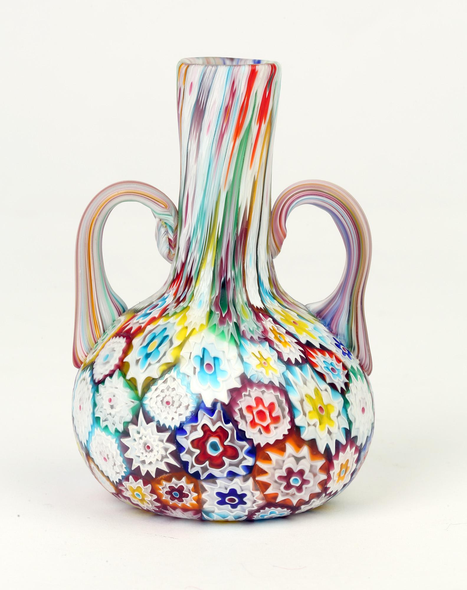 Hand-Crafted Murano Italian Hand Blown Twin Handled Bottle Shaped Millefiori Art Glass Vase For Sale
