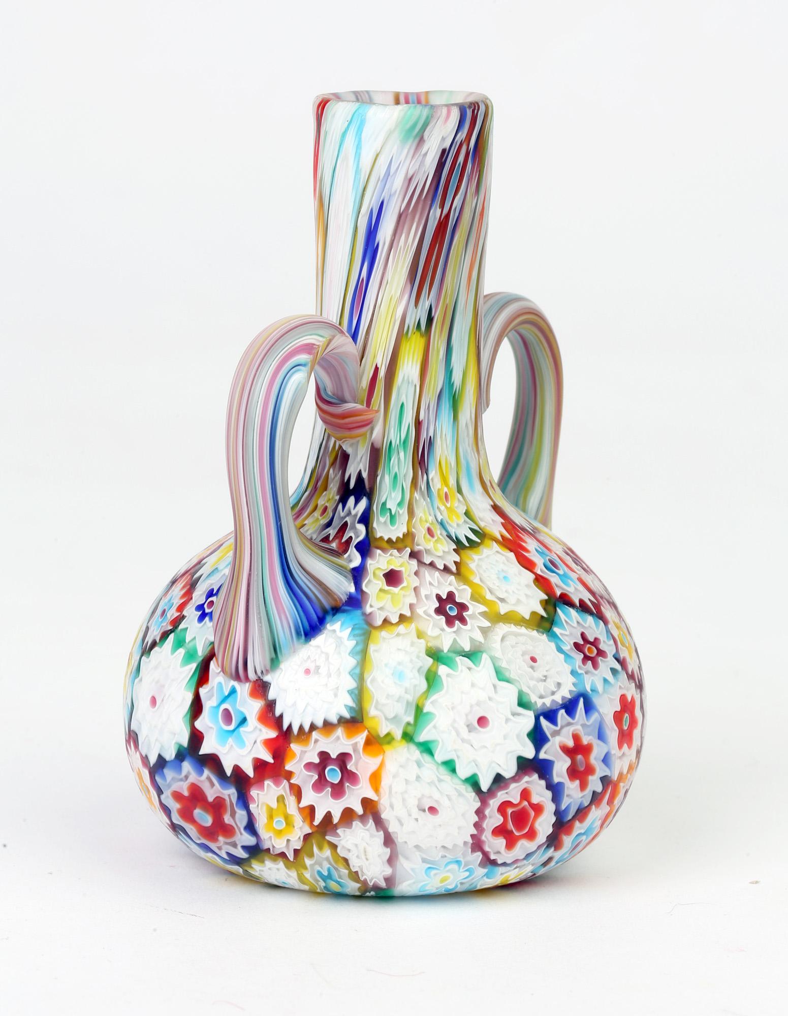 Mid-20th Century Murano Italian Hand Blown Twin Handled Bottle Shaped Millefiori Art Glass Vase For Sale
