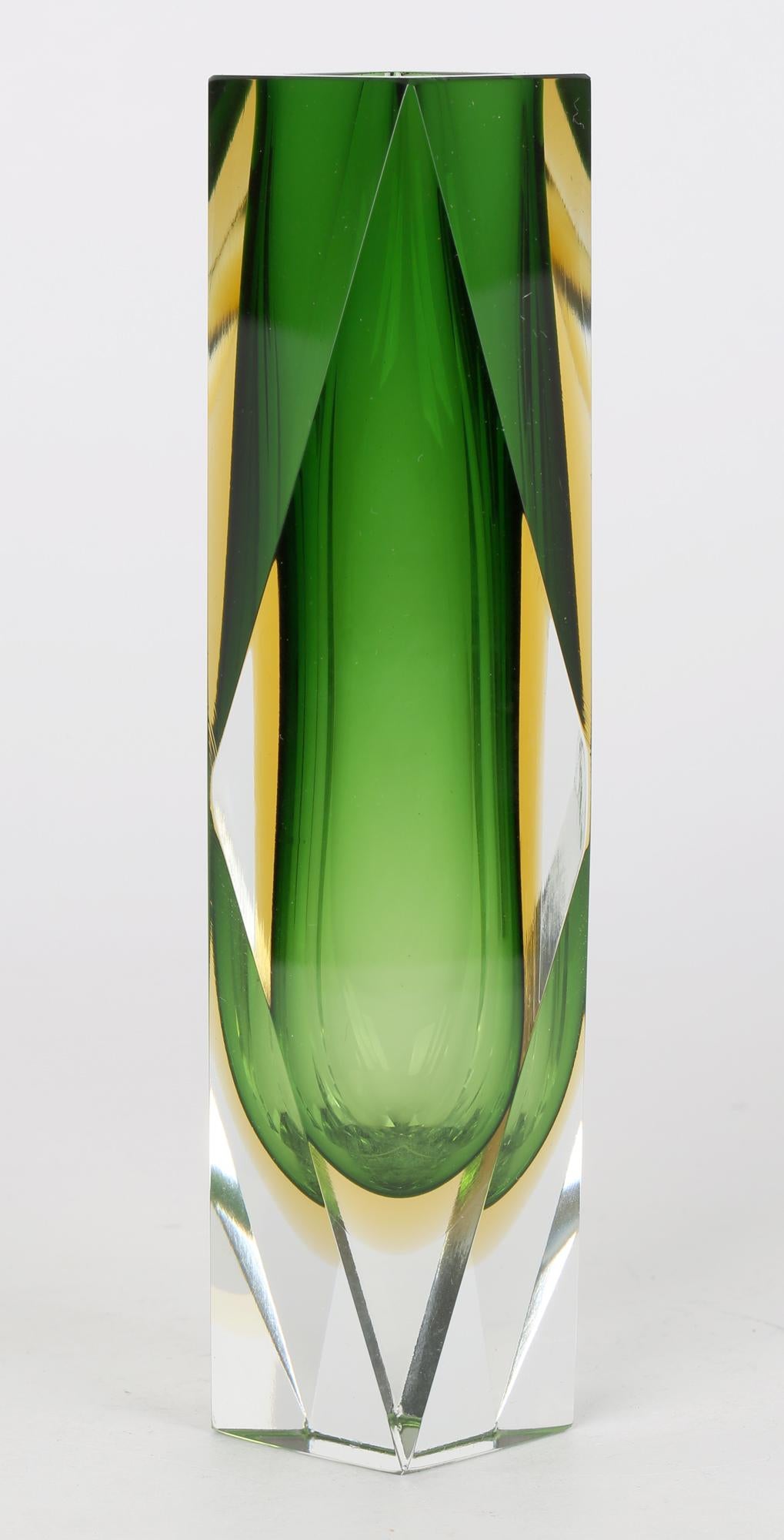 Murano Italian Luigi Mandruzzato Sommerso Green Facet Cut Art Glass Vase 3
