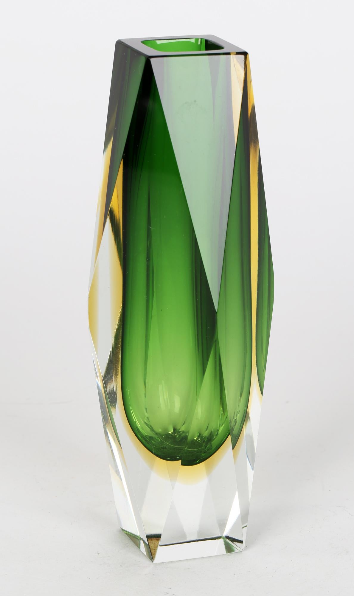Murano Italian Luigi Mandruzzato Sommerso Green Facet Cut Art Glass Vase 6