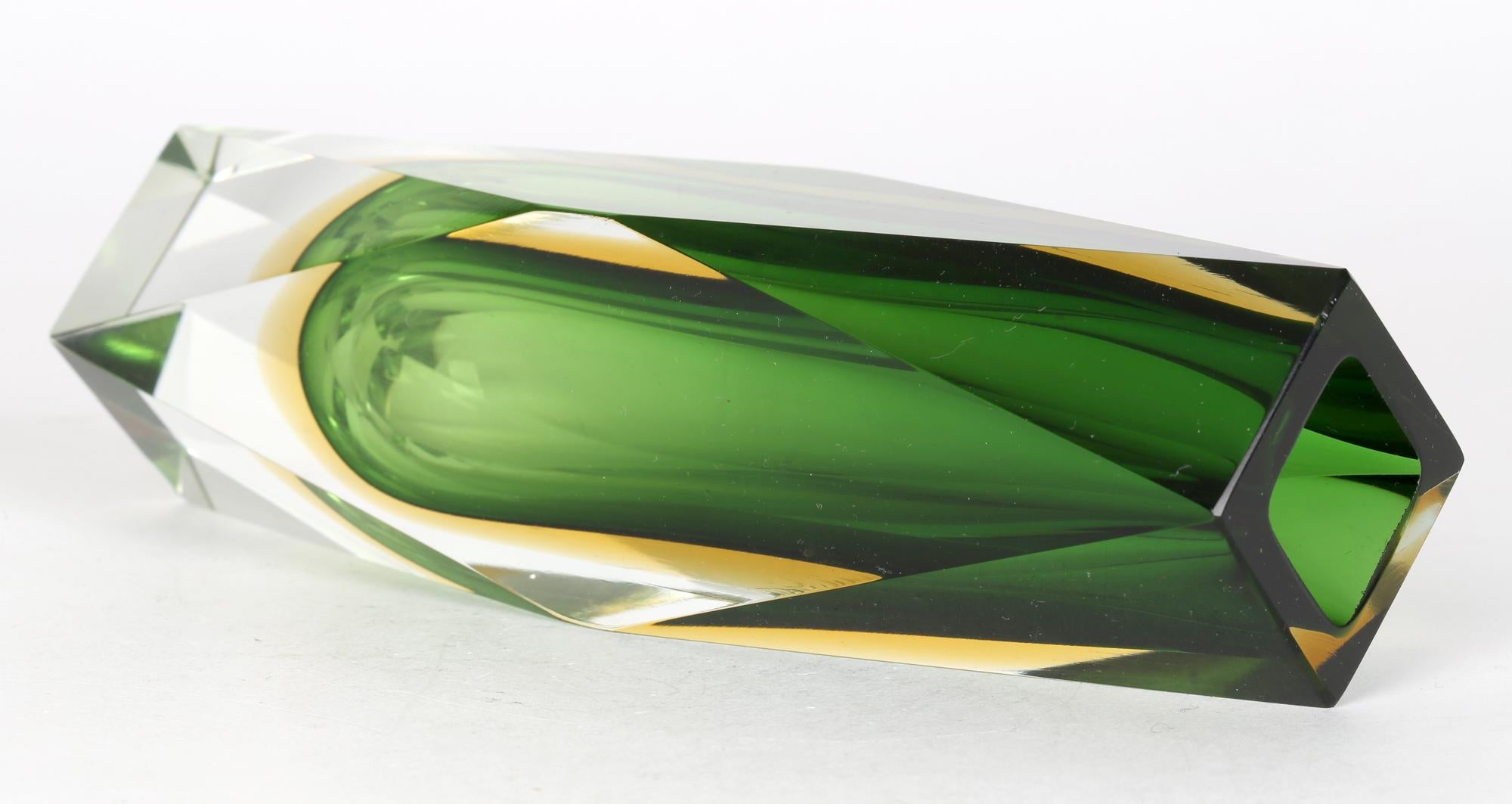 Mid-Century Modern Murano Italian Luigi Mandruzzato Sommerso Green Facet Cut Art Glass Vase