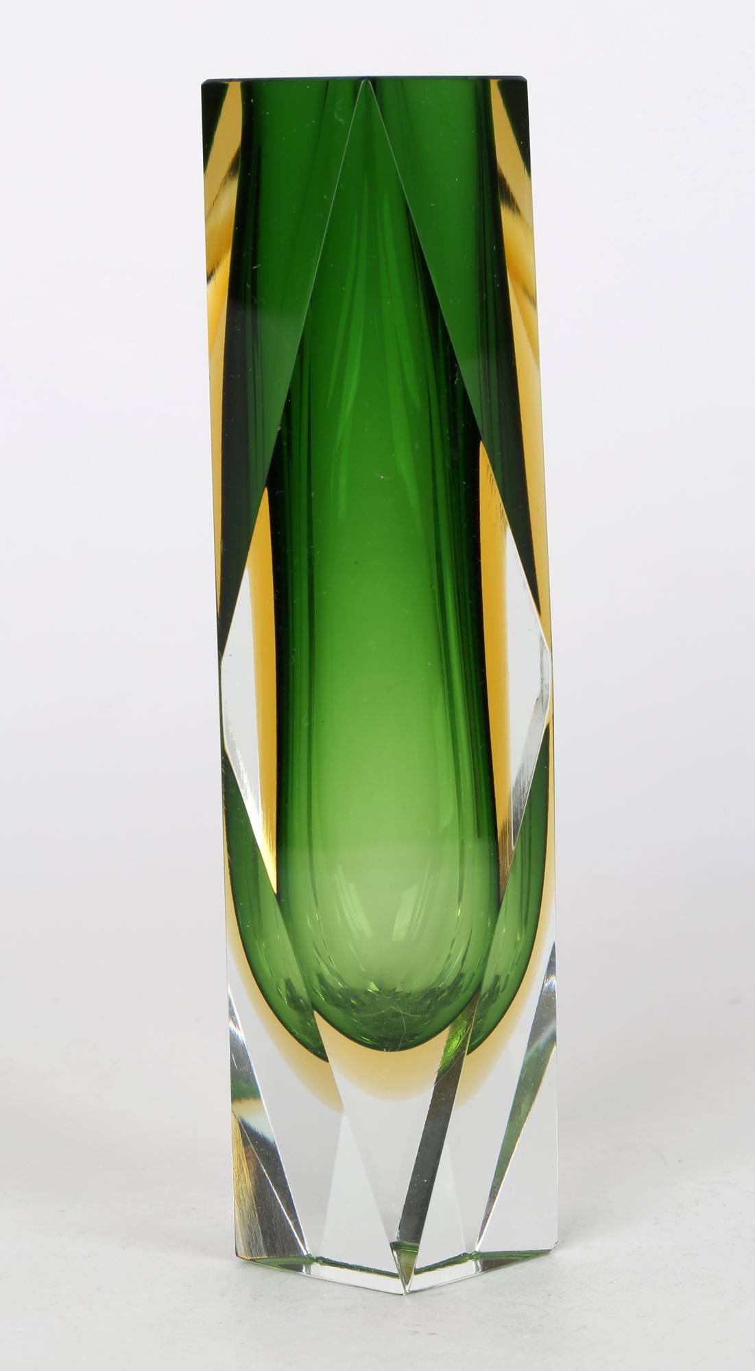 20th Century Murano Italian Luigi Mandruzzato Sommerso Green Facet Cut Art Glass Vase