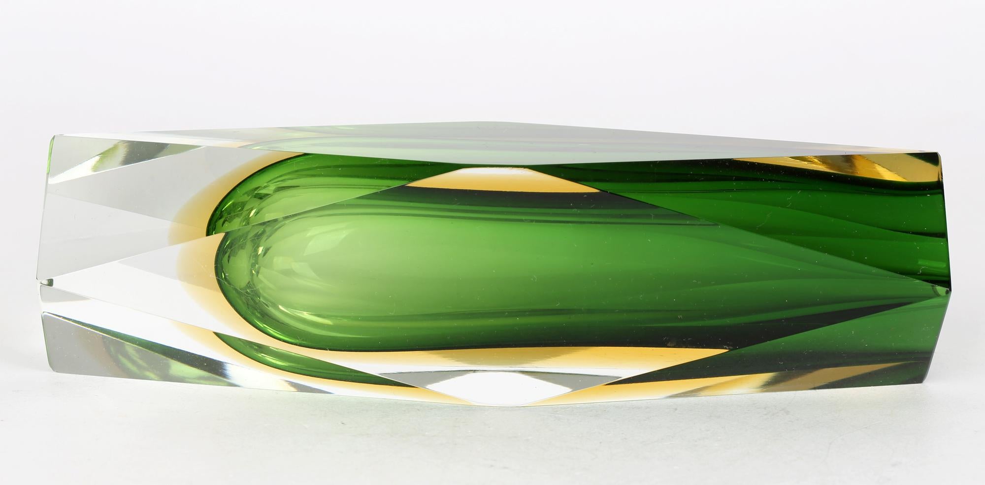 Blown Glass Murano Italian Luigi Mandruzzato Sommerso Green Facet Cut Art Glass Vase