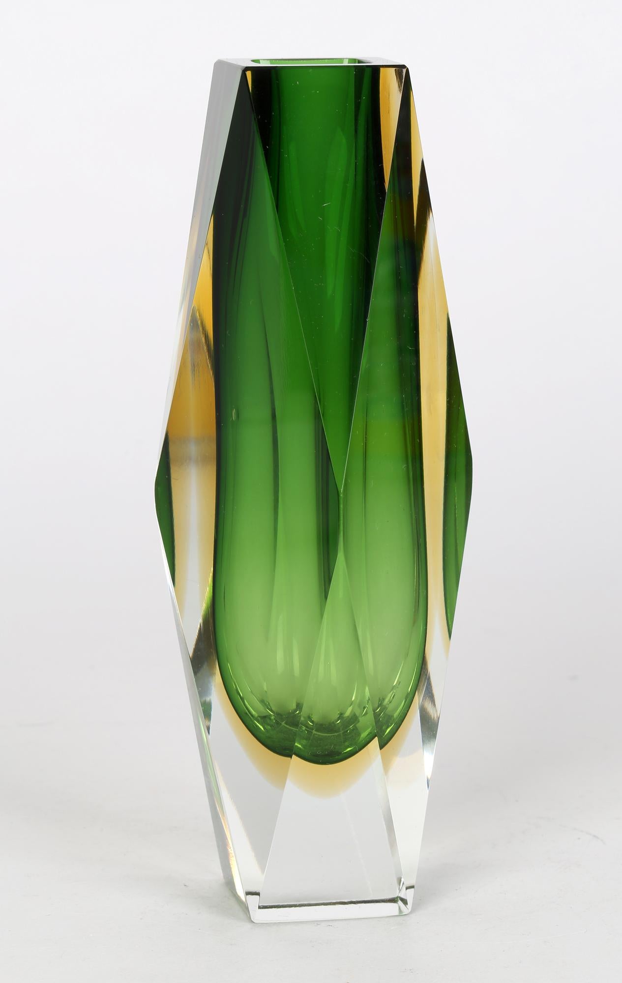Murano Italian Luigi Mandruzzato Sommerso Green Facet Cut Art Glass Vase 1