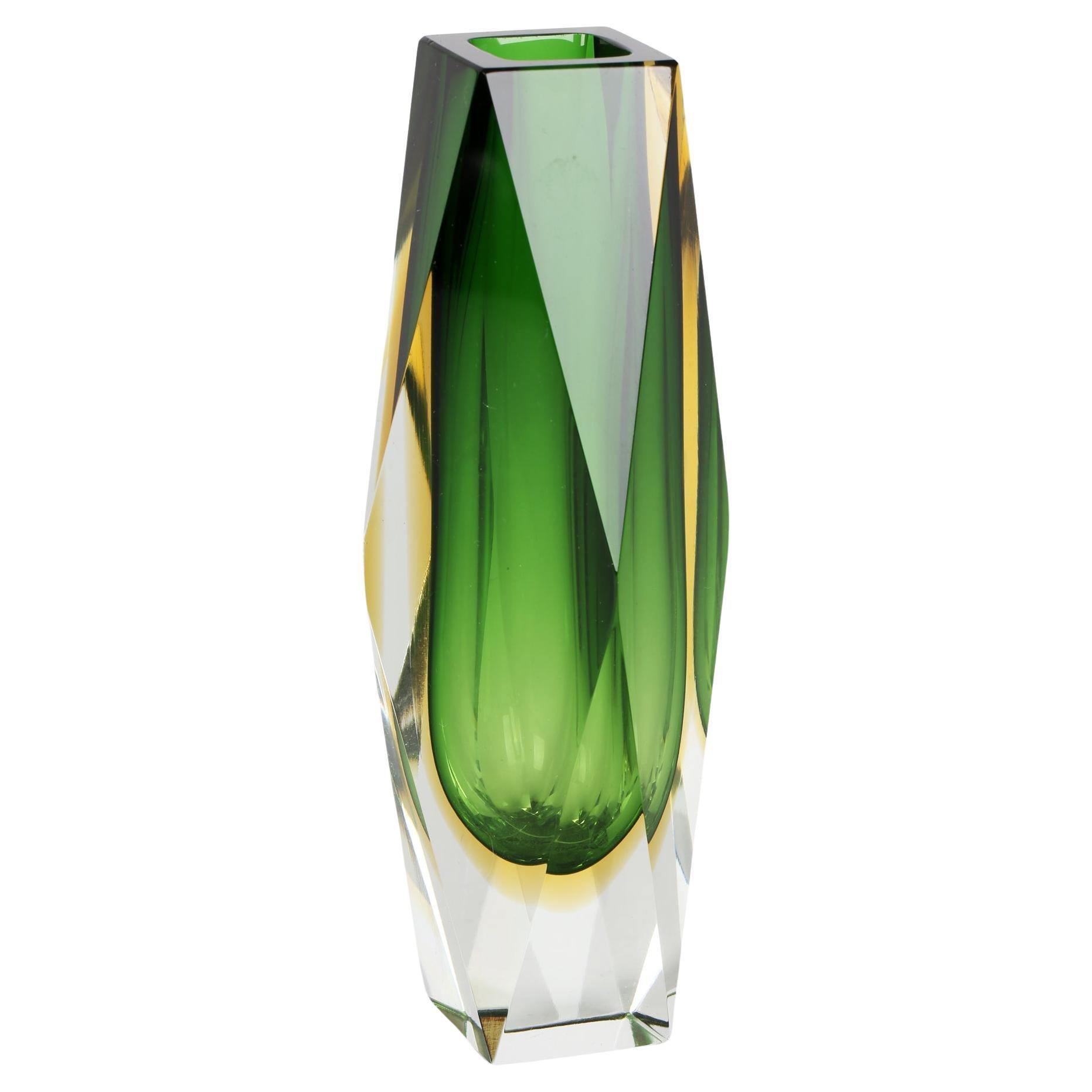 Murano Italian Luigi Mandruzzato Sommerso Green Facet Cut Art Glass Vase