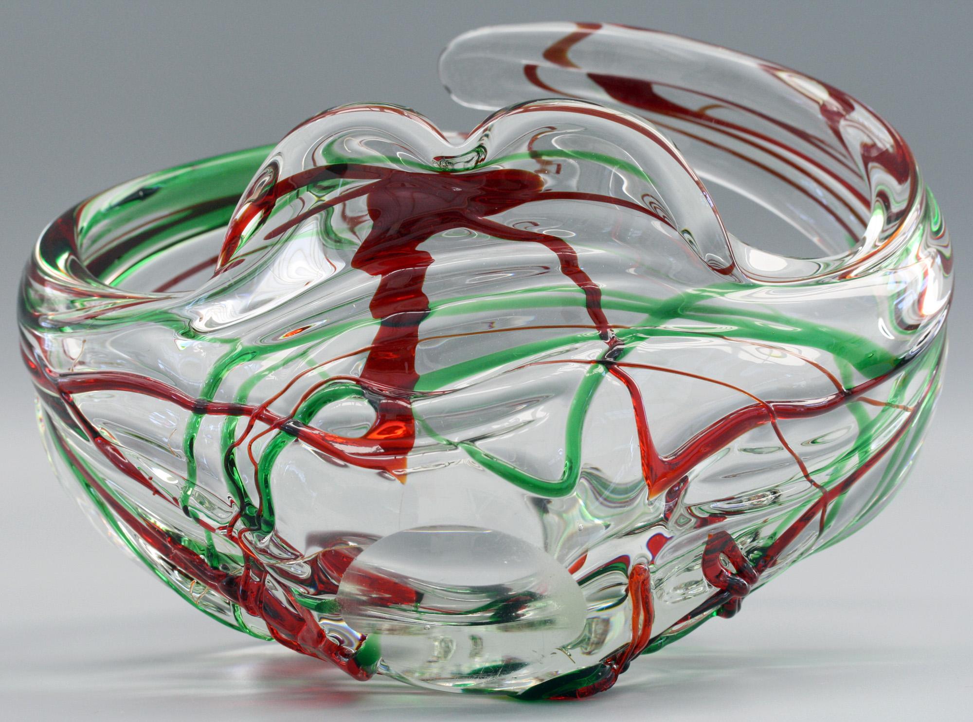 Murano Italian Midcentury Art Glass Bowl with Red and Green Trailed Designs For Sale 5