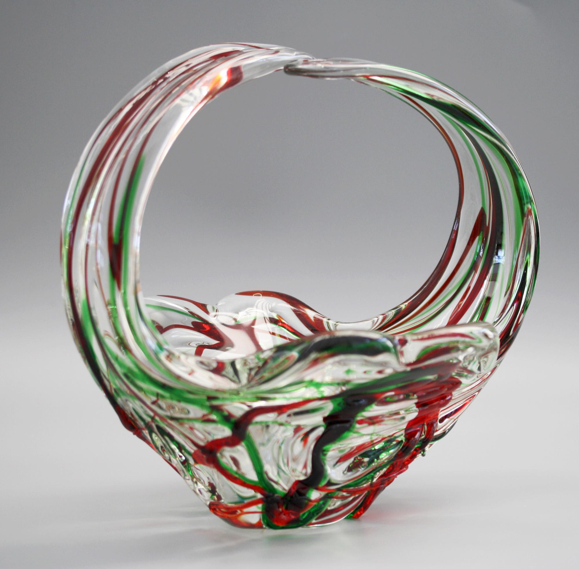 Murano Italian Midcentury Art Glass Bowl with Red and Green Trailed Designs For Sale 8