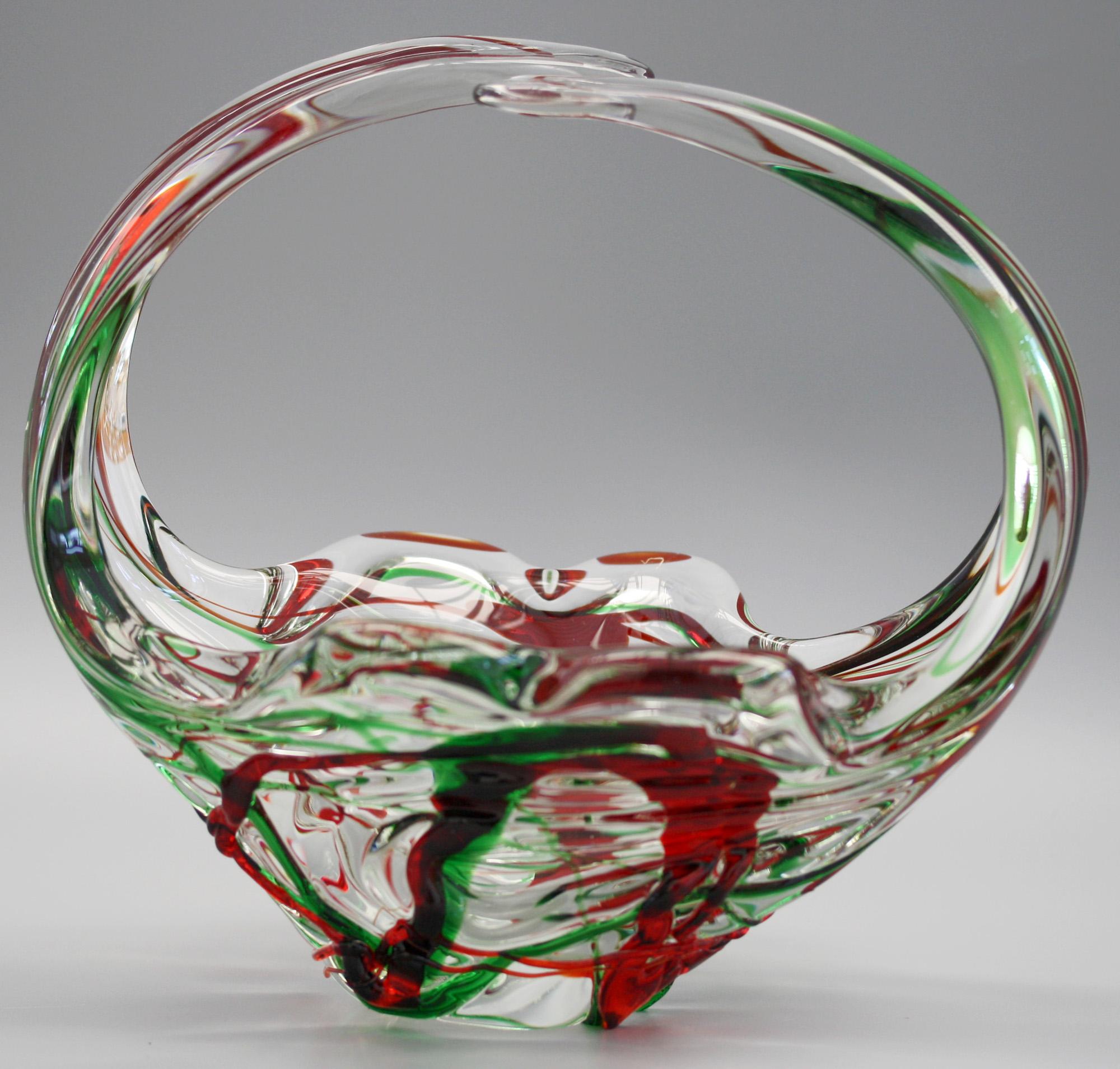 Murano Italian Midcentury Art Glass Bowl with Red and Green Trailed Designs For Sale 9