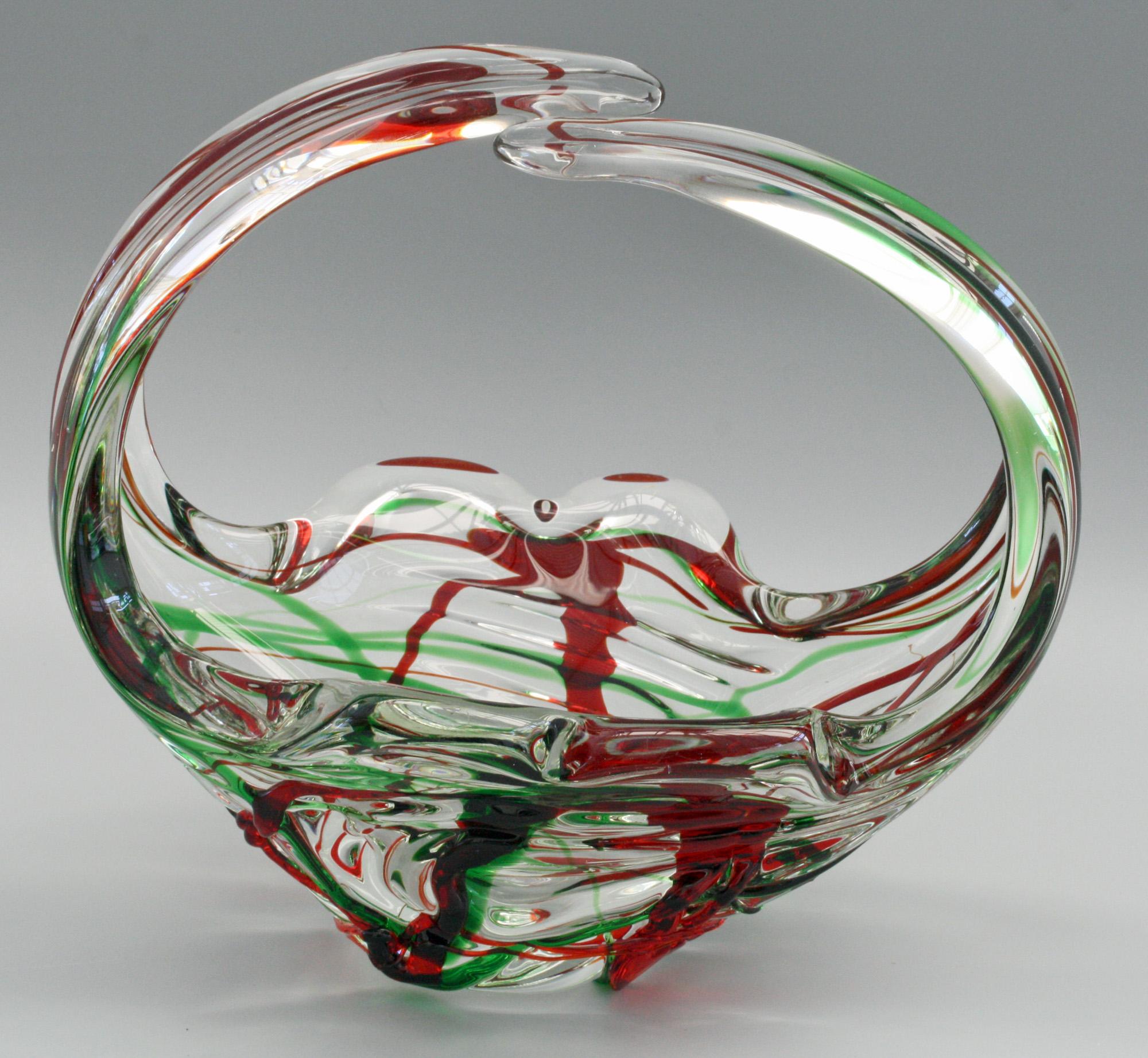 Murano Italian Midcentury Art Glass Bowl with Red and Green Trailed Designs For Sale 10