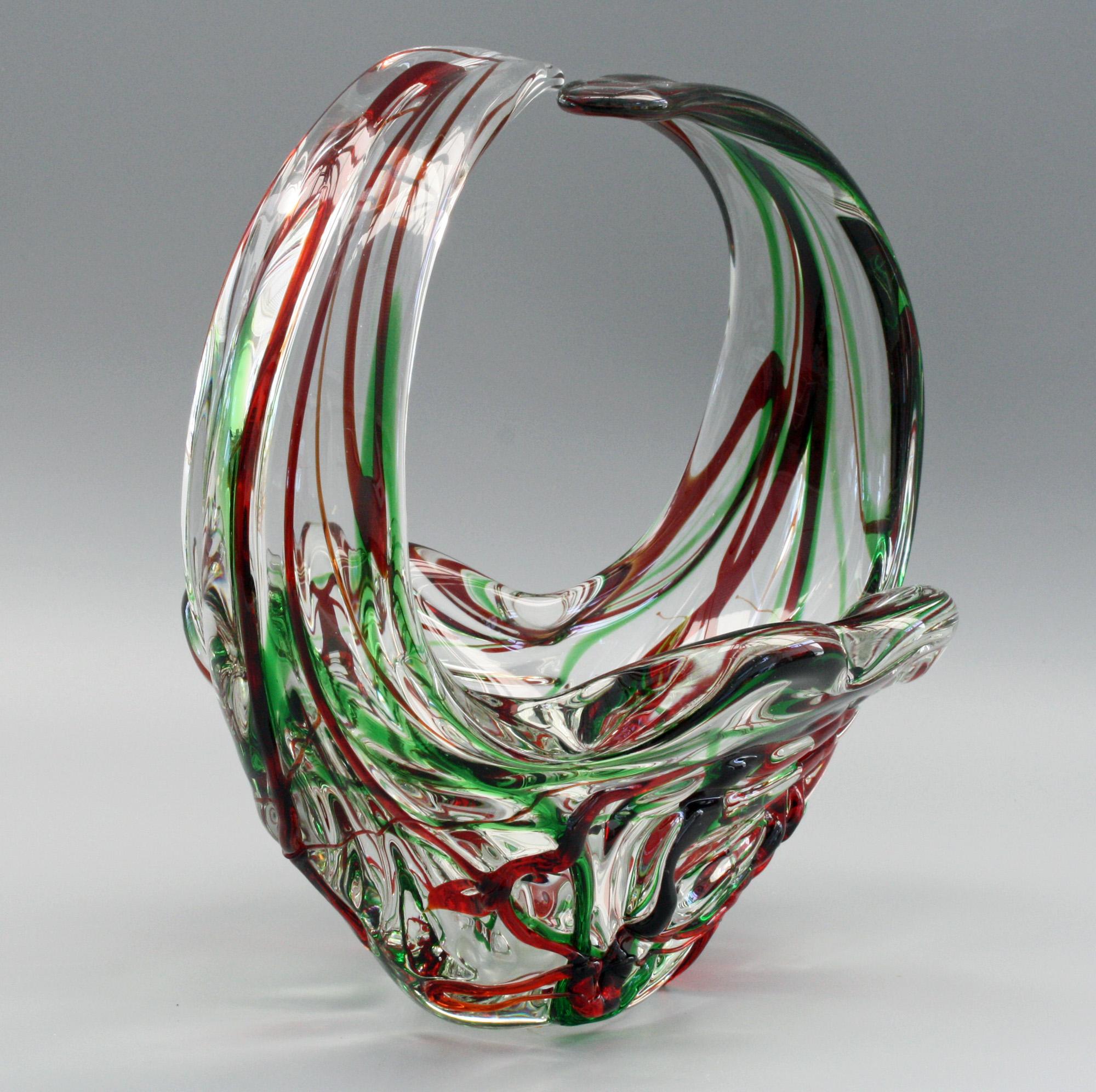 Murano Italian Midcentury Art Glass Bowl with Red and Green Trailed Designs For Sale 11