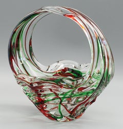 Murano Italian Midcentury Art Glass Bowl with Red and Green Trailed Designs