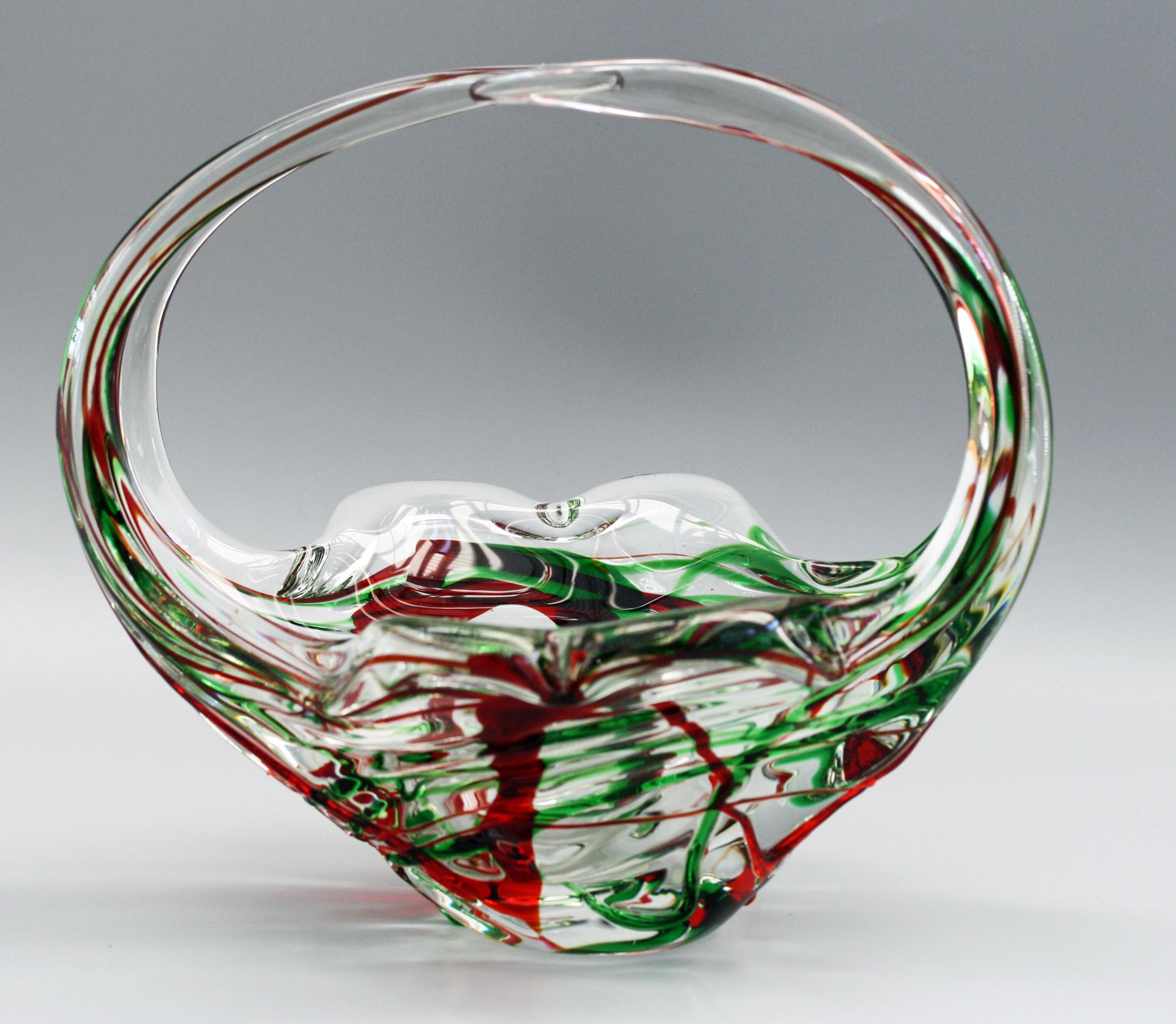 Mid-Century Modern Murano Italian Midcentury Art Glass Bowl with Red and Green Trailed Designs For Sale
