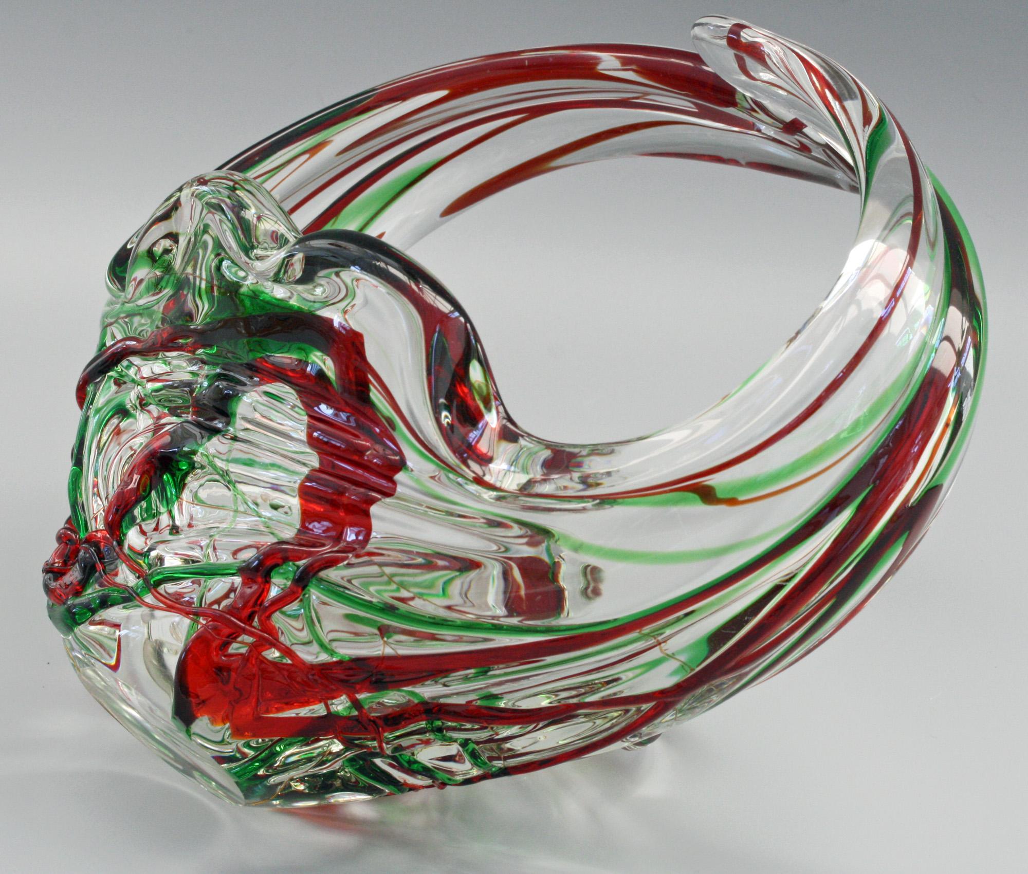 20th Century Murano Italian Midcentury Art Glass Bowl with Red and Green Trailed Designs For Sale