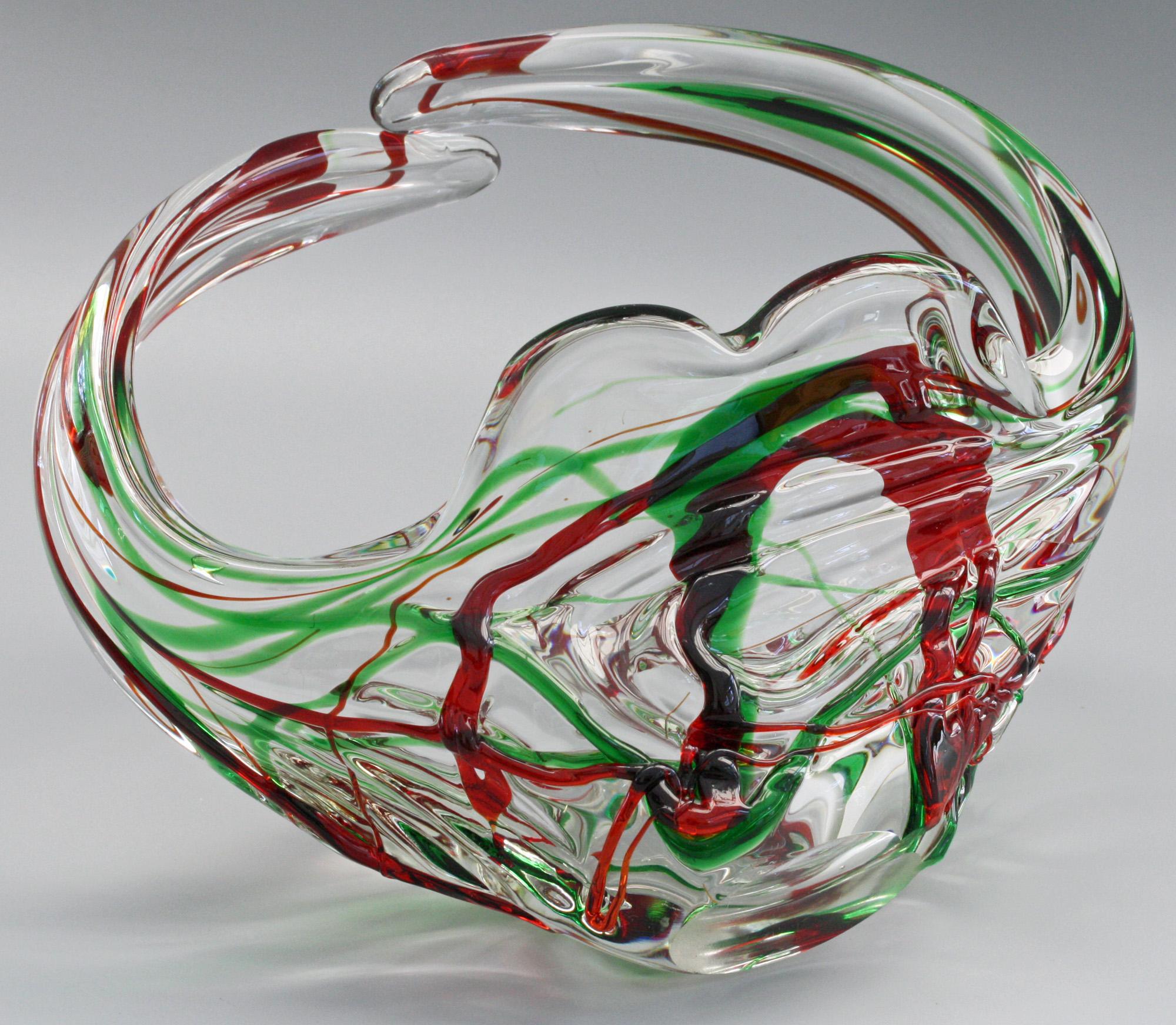 Murano Glass Murano Italian Midcentury Art Glass Bowl with Red and Green Trailed Designs For Sale