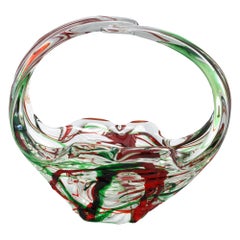 Cuenco de cristal artístico italiano de Murano de mediados de siglo con diseños de trazos rojos y verdes