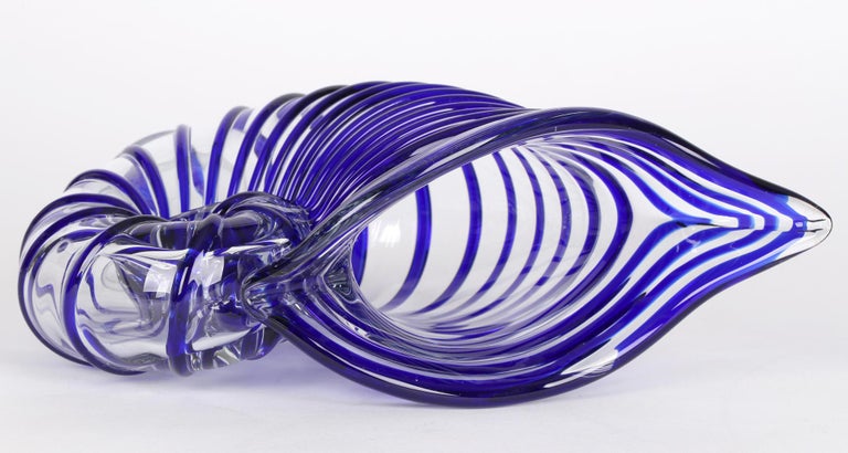 Murano Italian Mid-Century Blue Piped Shell Shaped Art Glass Vase 4