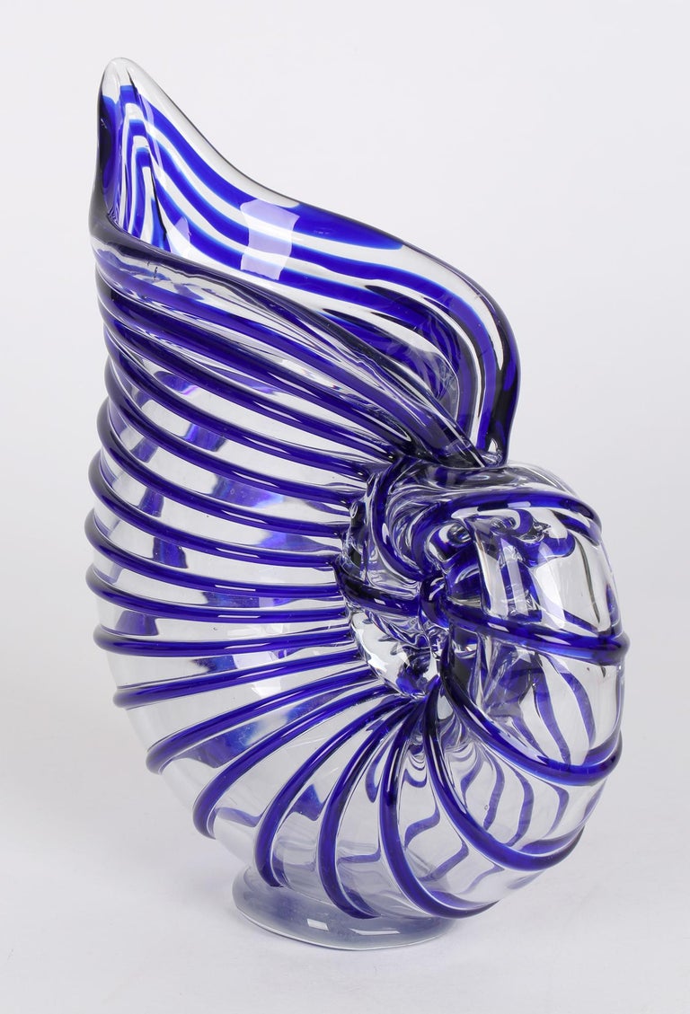Murano Italian Mid-Century Blue Piped Shell Shaped Art Glass Vase 5