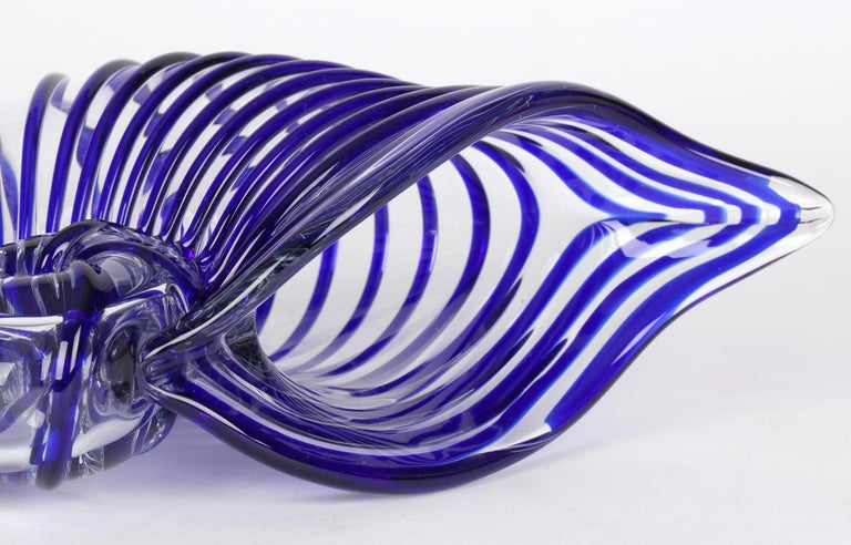 Murano Italian Mid-Century Blue Piped Shell Shaped Art Glass Vase 6
