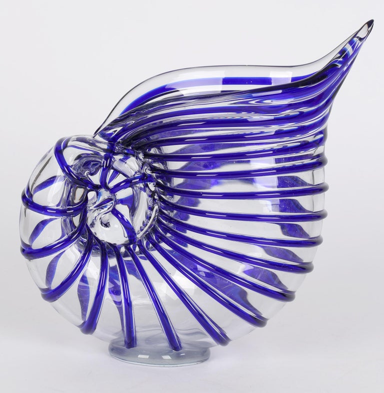 Murano Italian Mid-Century Blue Piped Shell Shaped Art Glass Vase 8