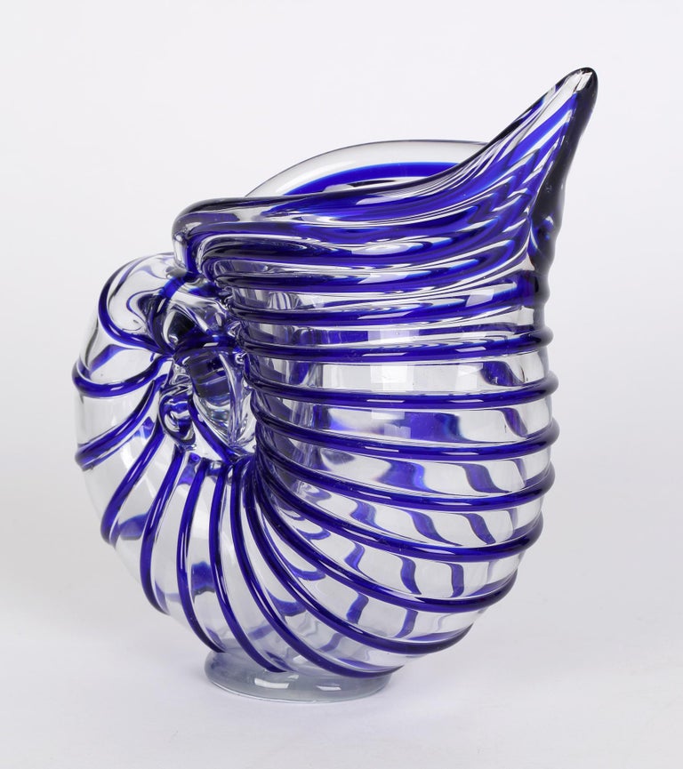 Mid-Century Modern Murano Italian Mid-Century Blue Piped Shell Shaped Art Glass Vase
