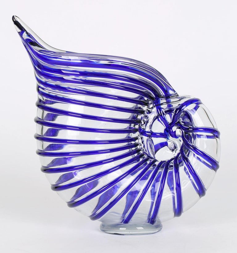 Mid-20th Century Murano Italian Mid-Century Blue Piped Shell Shaped Art Glass Vase