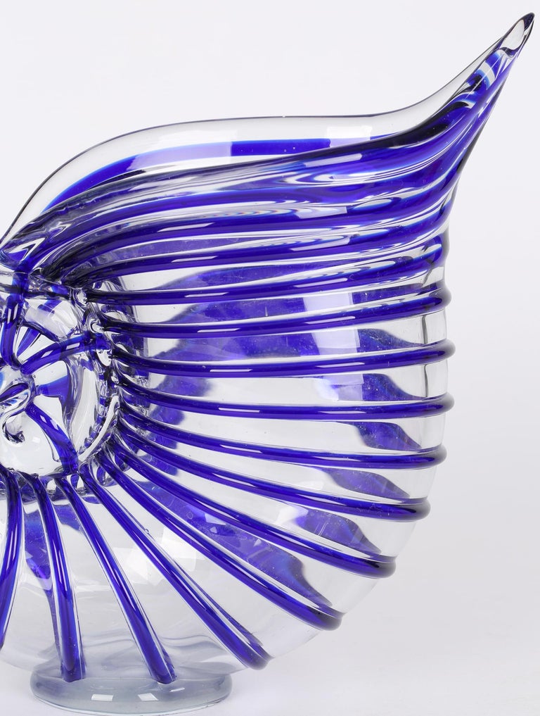 Blown Glass Murano Italian Mid-Century Blue Piped Shell Shaped Art Glass Vase