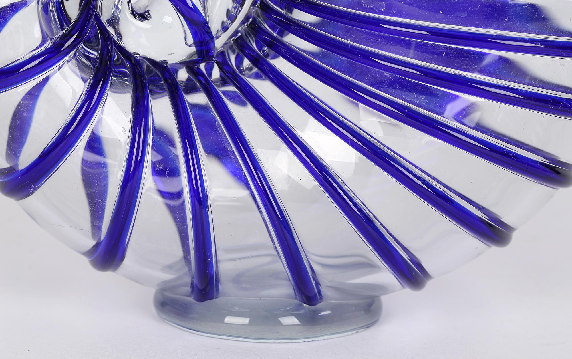 Murano Italian Mid-Century Blue Piped Shell Shaped Art Glass Vase 1