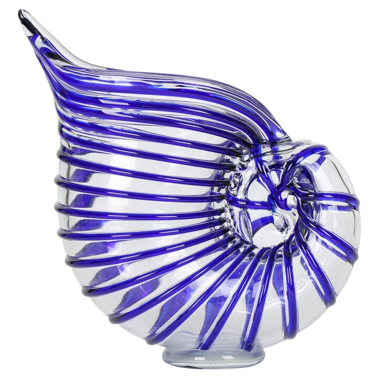 Murano Italian Mid-Century Blue Piped Shell Shaped Art Glass Vase