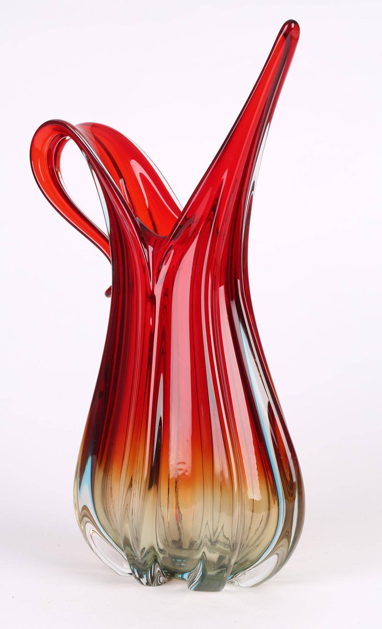 Italian Ercole Barovier & Toso Murano Red Art Glass Pitcher Vase For Sale