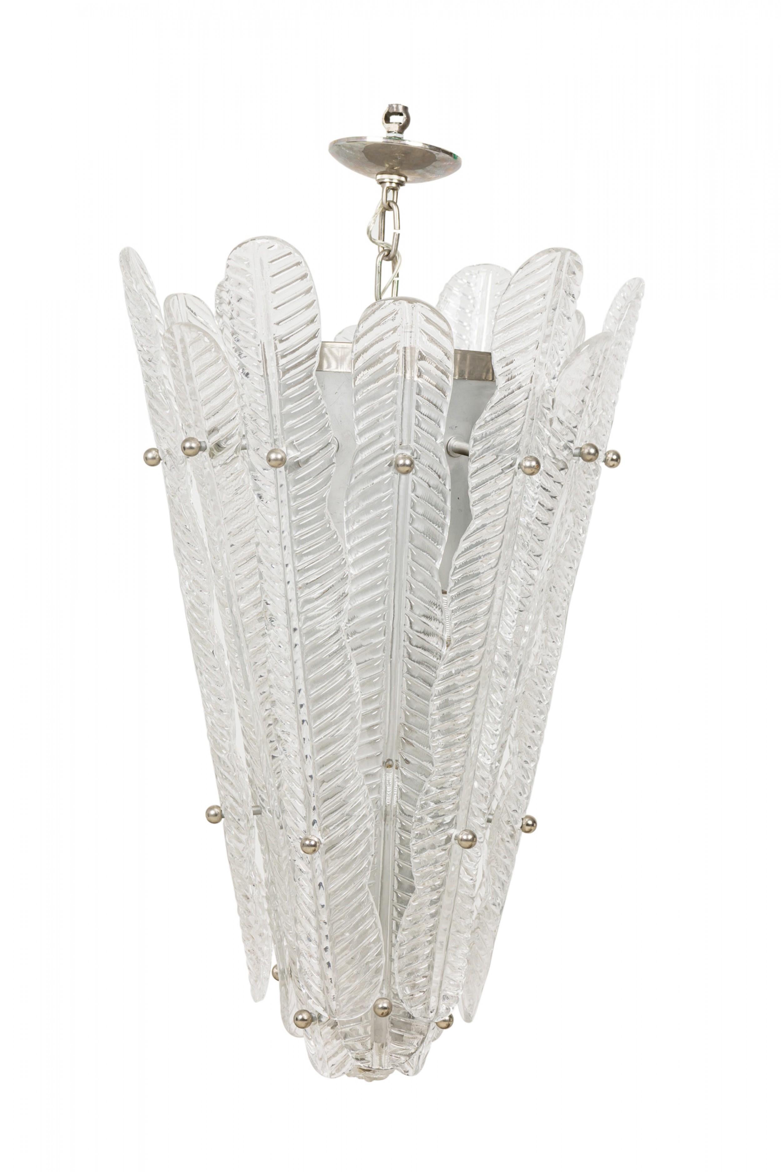 Italian Mid-Century (1940s) pendant chandelier consisting of stylized transparent glass leaves blossoming off sphere-capped silver metal tubular rods with light sockets radiating from a tapered cylindrical silver metal base. (MURANO).