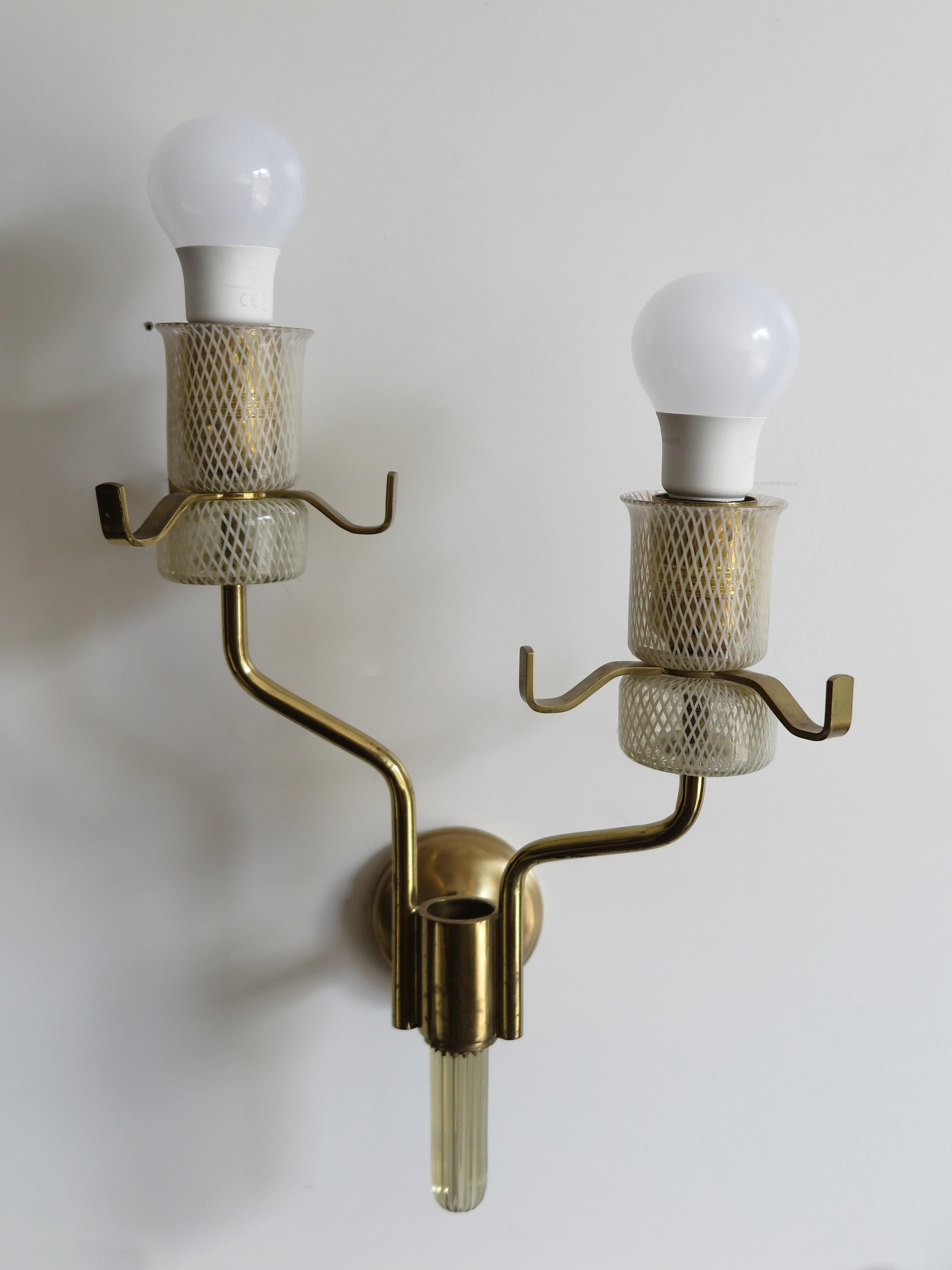 Murano Italian Midcentury Brass Glass Sconces  Wall Lamps, 1950s 9